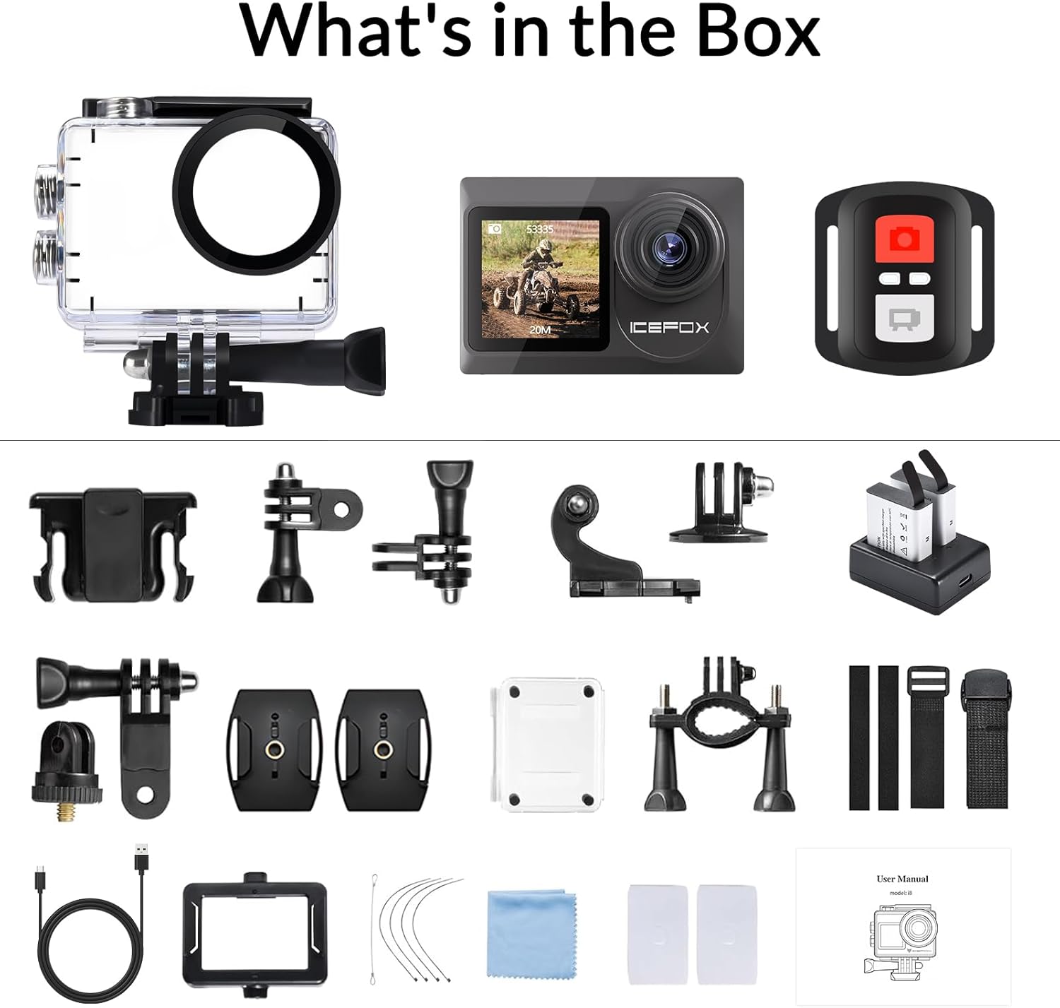 Shows all the components and accessories included with the action camera, helping customers understand the full value of the package.