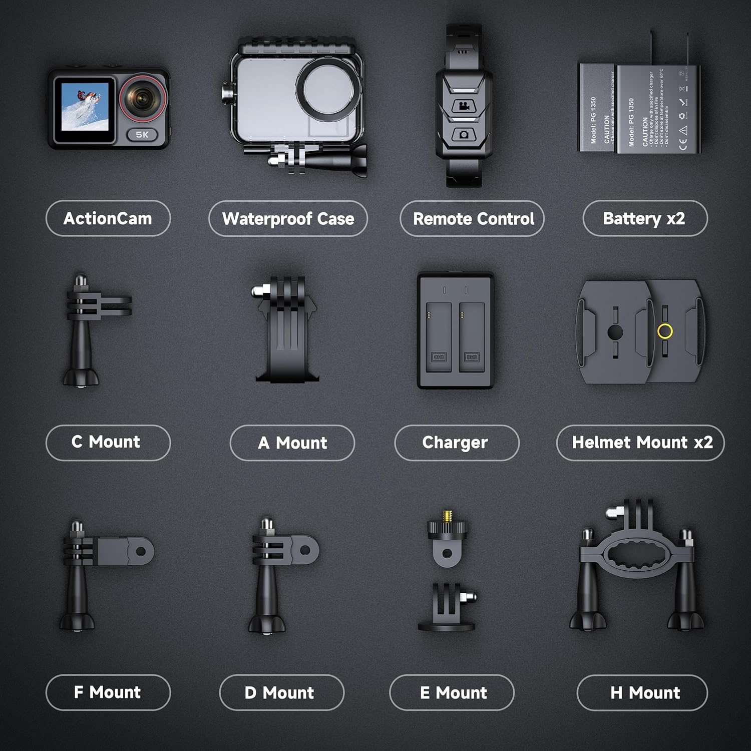 Shows all the items included in the action camera package, highlighting the comprehensive set of accessories and mounts provided.