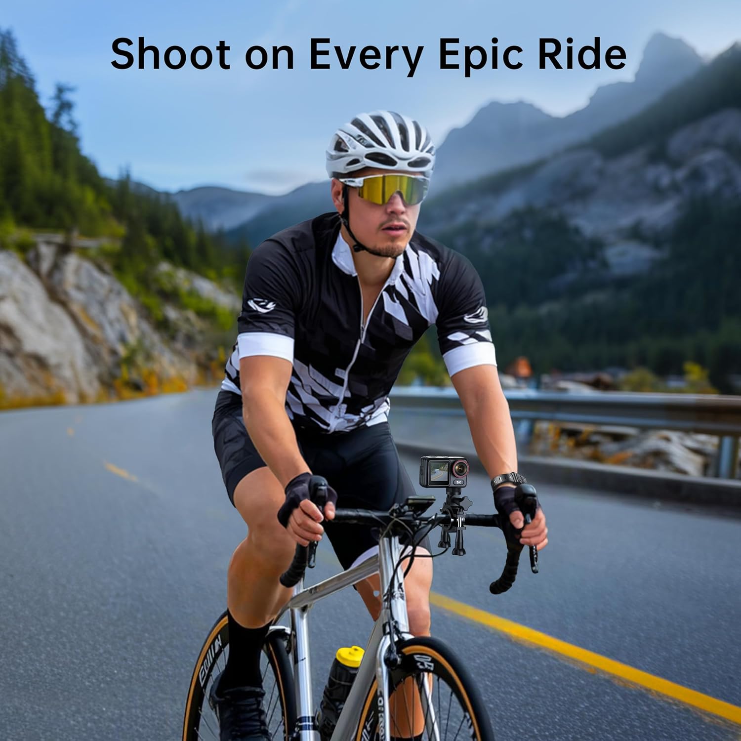 Demonstrates the product's use case for capturing cycling adventures, showcasing its suitability for outdoor sports and action photography. Shows the product in a real-world context, emphasizing its…