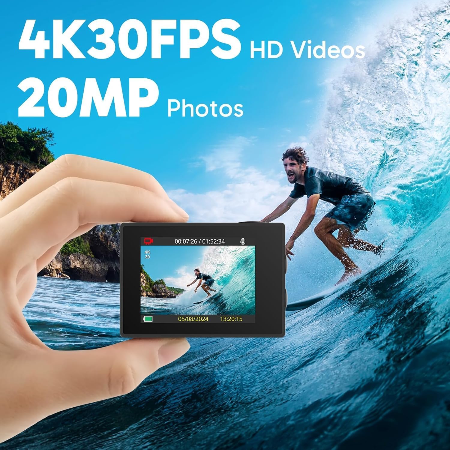 Highlights the camera's ability to capture 4K 30FPS HD videos and 20MP photos, emphasizing its high-resolution recording capabilities.