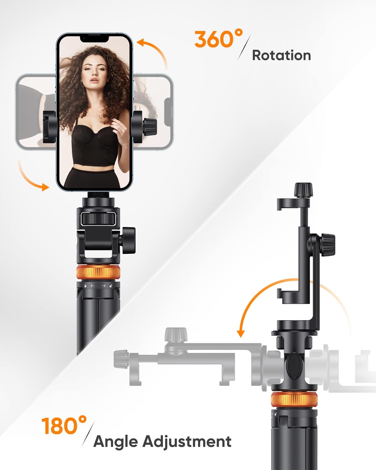 Highlights the product's flexible positioning capabilities, allowing users to easily adjust their phone for optimal viewing and recording angles.