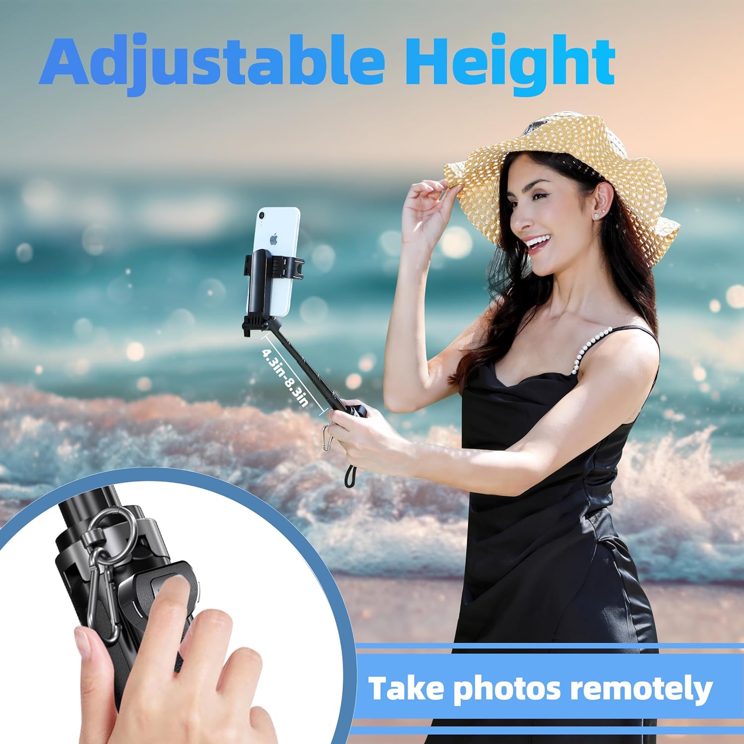 Highlights the product's adjustable height feature, showing how it enables users to take photos remotely at different angles.