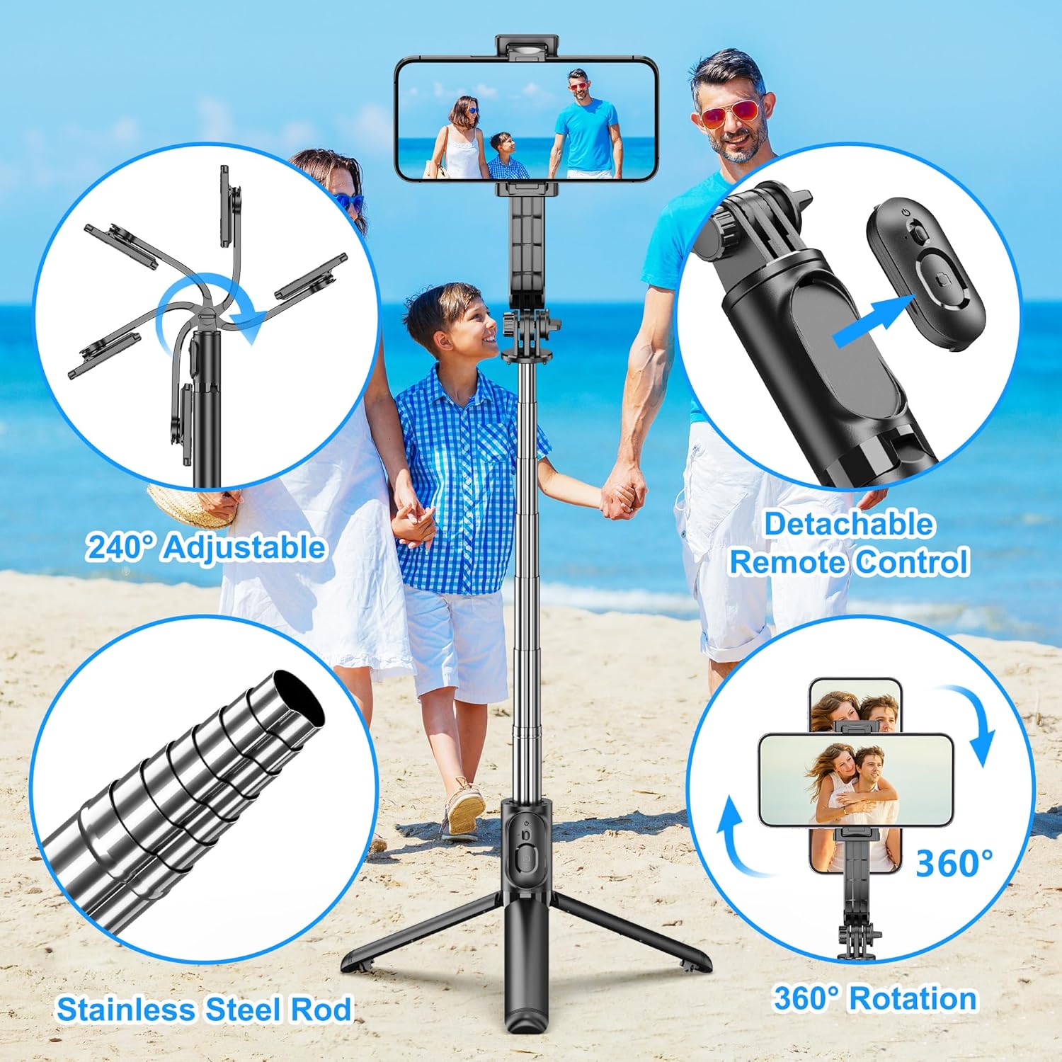 Highlights multiple features of the selfie stick tripod to show its versatility and ease of use for capturing group photos and videos.