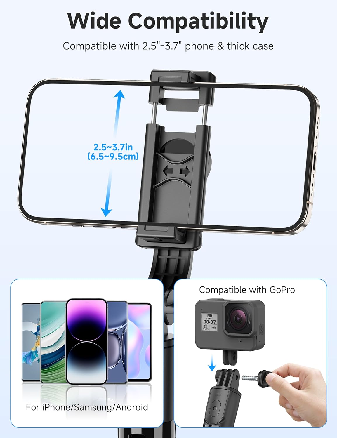 Demonstrates the product's compatibility with a wide range of phone sizes and cases, reassuring customers it will work with their device.