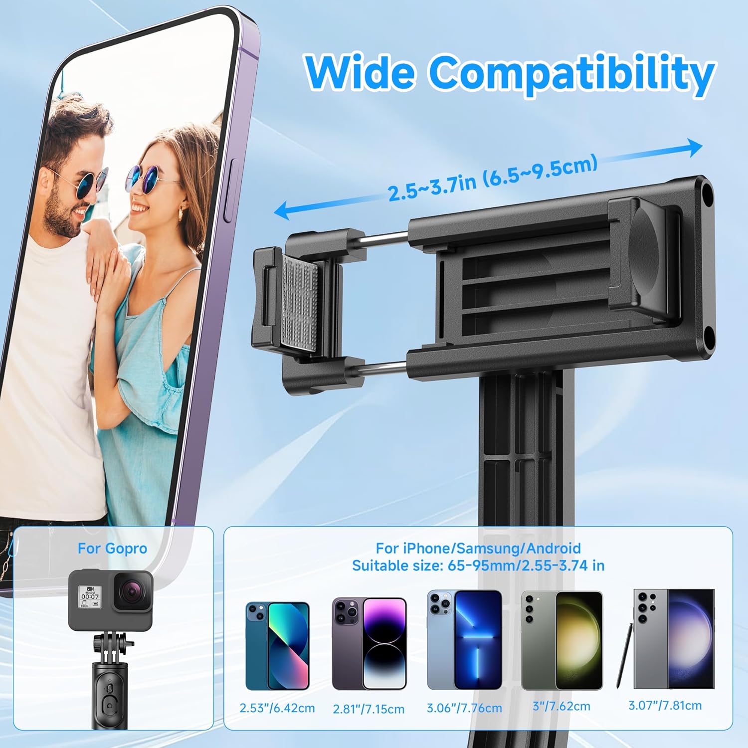 Demonstrates the product's compatibility with a wide range of smartphone models and sizes, as well as GoPro cameras.