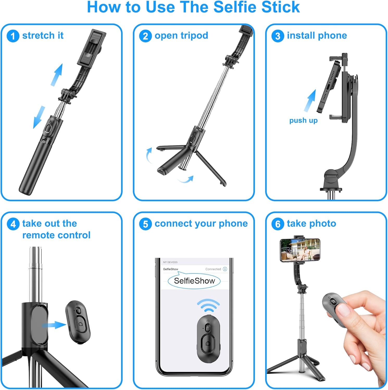 Provides step-by-step instructions on how to set up and use the selfie stick, making it easy for customers to understand the product's functionality.