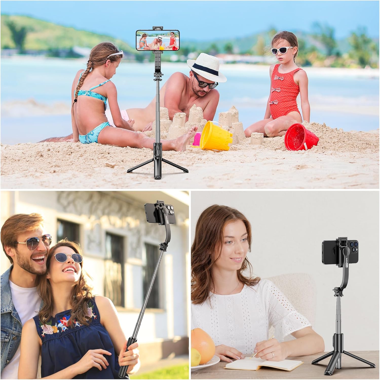 Demonstrates the product's versatility in different settings and use cases, from capturing family beach moments to taking selfies and vlogging.