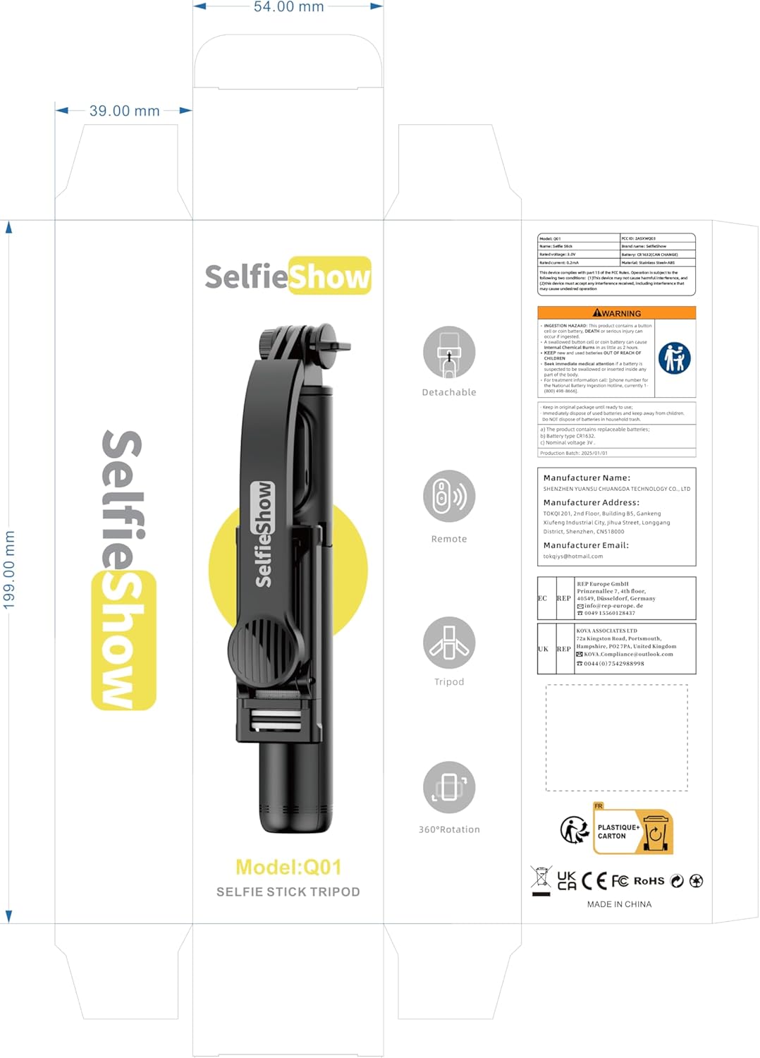 Highlights multiple features of the selfie stick tripod to showcase its versatility and ease of use. Shows the complete product package, including the selfie stick tripod and its key features.