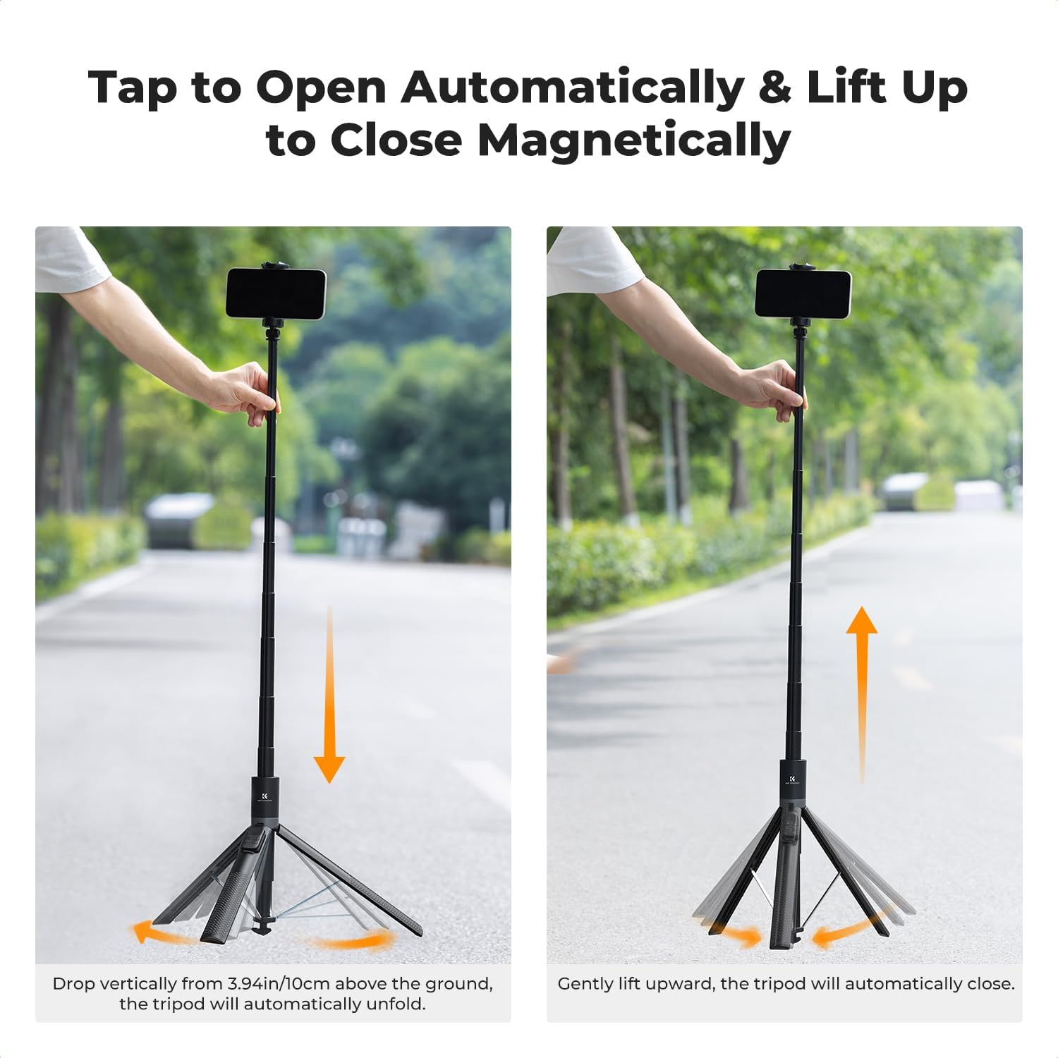 Demonstrates the ease of use by showing how to open and close the tripod automatically.