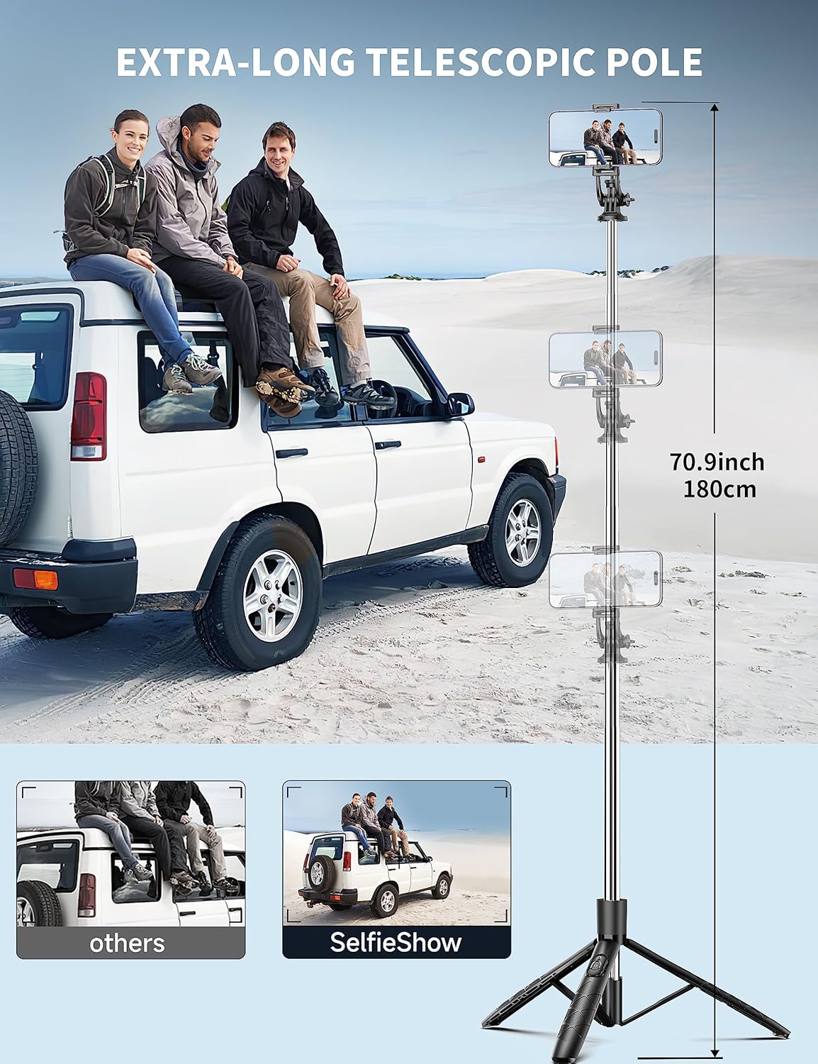 Highlights the product's extra-long telescopic pole feature, emphasizing its ability to capture wide-angle selfies and group photos from a distance.