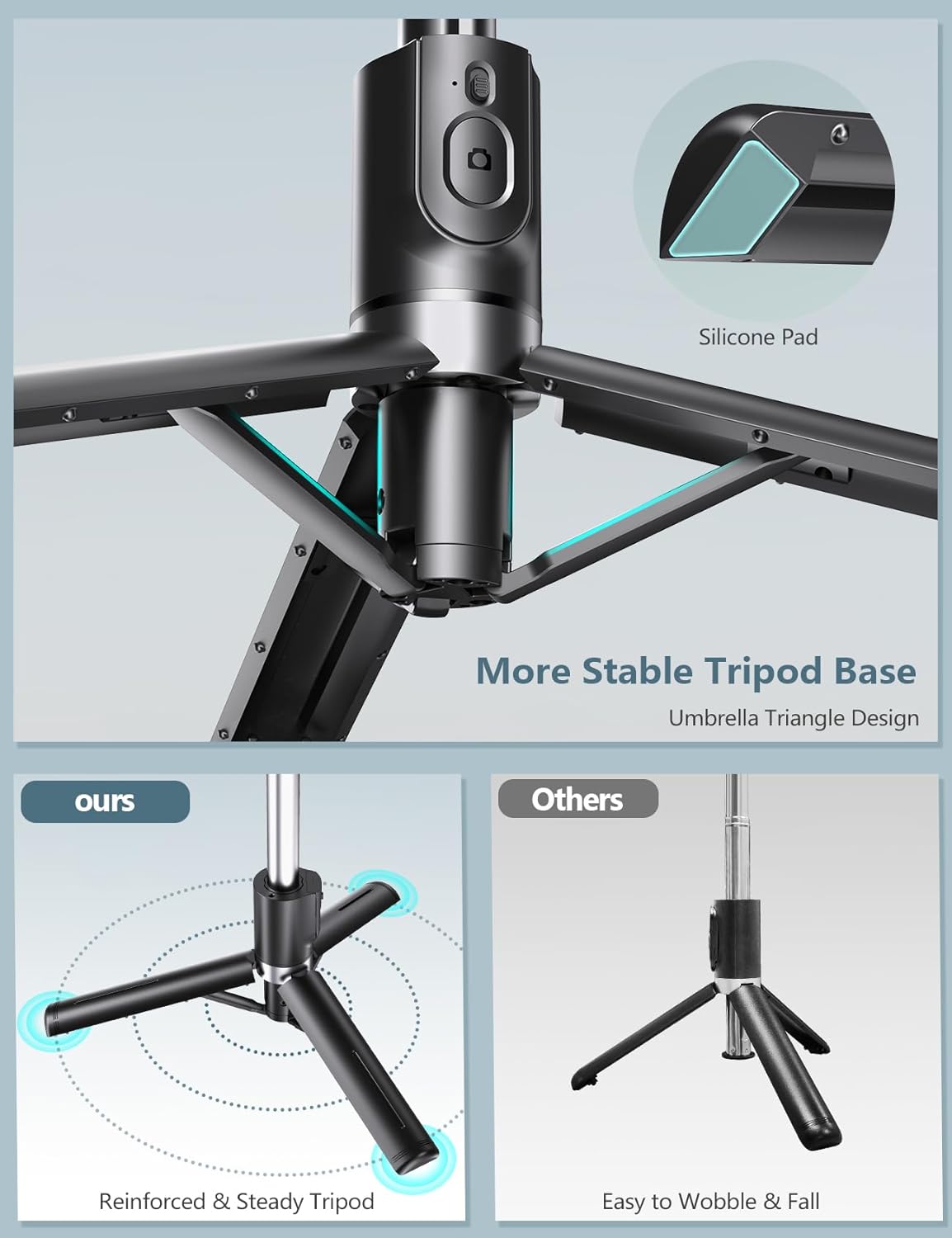Highlights the improved stability and design features of the product's tripod base compared to competitors. Demonstrates the superior stability of the product's tripod design compared to other…