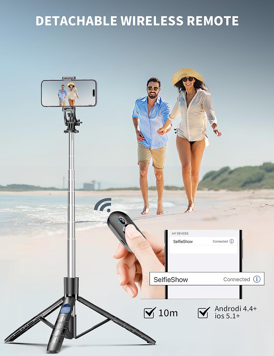 Highlights the product's wireless remote feature, emphasizing convenience for taking photos from a distance.