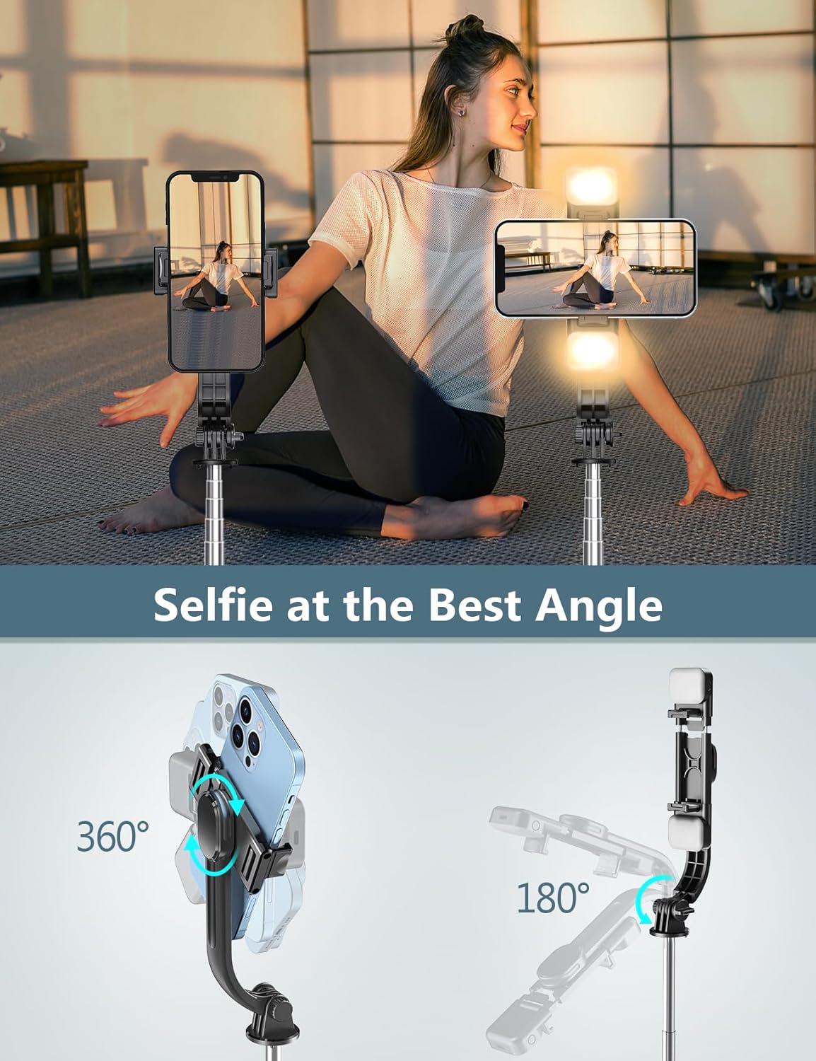 Demonstrates the product's versatility in capturing selfies and videos from various angles, showcasing its adjustable positioning capabilities. Illustrates how to use the product to achieve optimal…