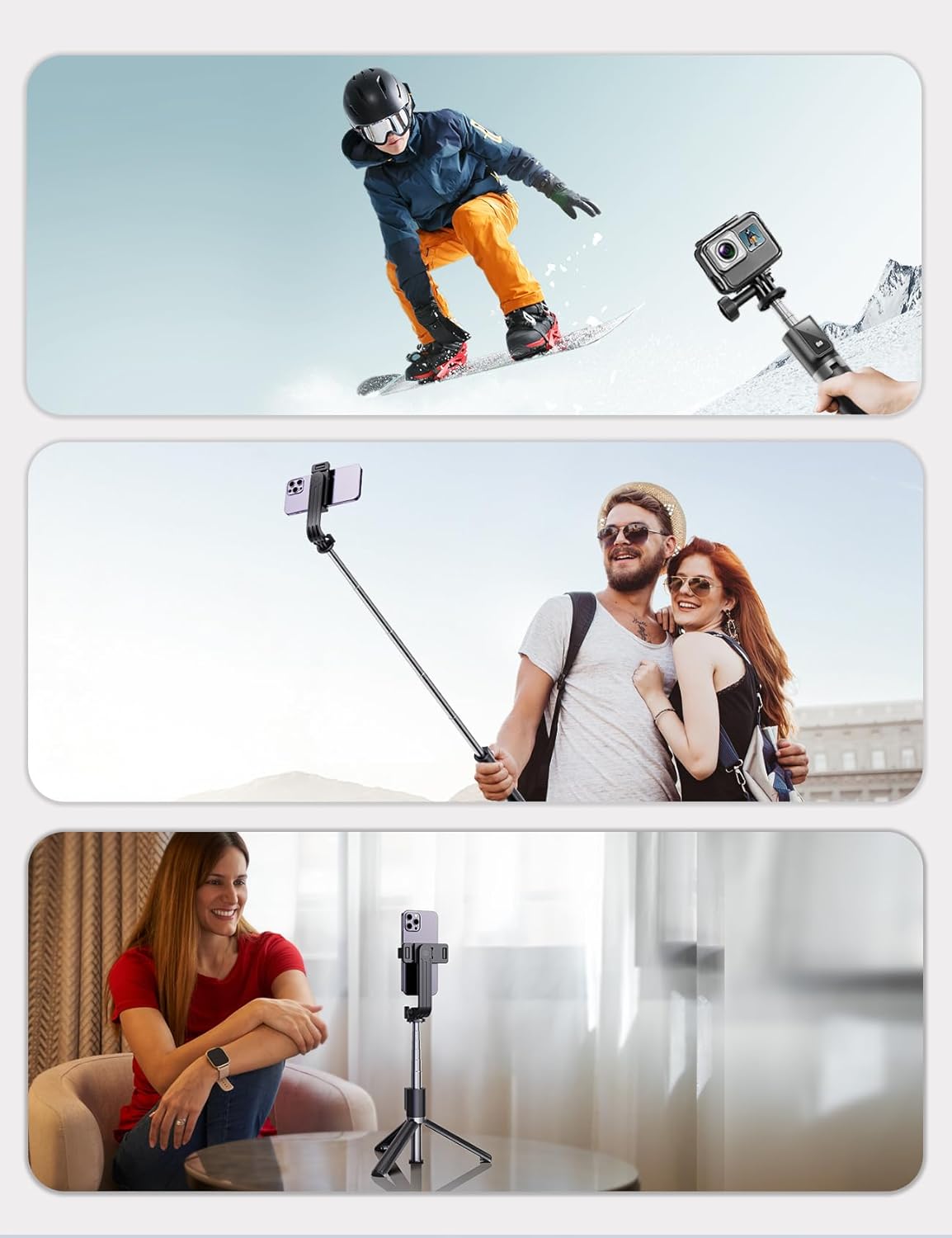 Demonstrates the versatility of the product for capturing various activities and environments, from extreme sports to everyday moments.