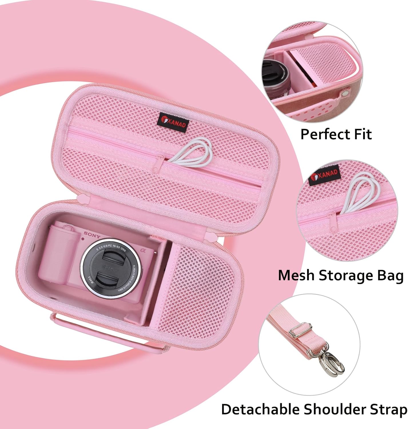 Showcases the custom-fit camera case with internal storage compartments for accessories, emphasizing organization and protection. Highlights the case's perfect fit for the specific camera model,…