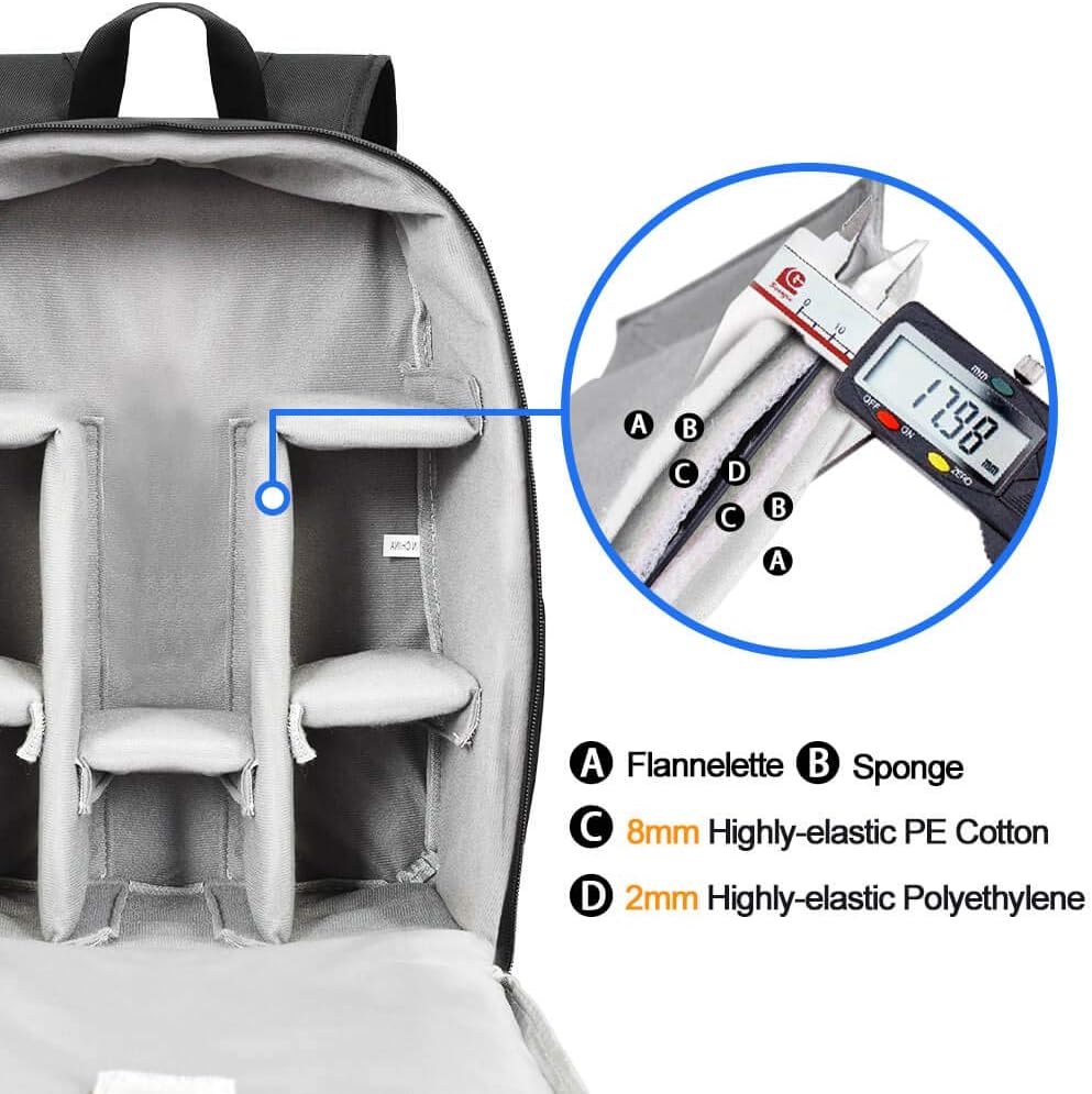 Demonstrates the thickness and composition of the backpack's interior padding to reassure customers about the protection it offers for their equipment.