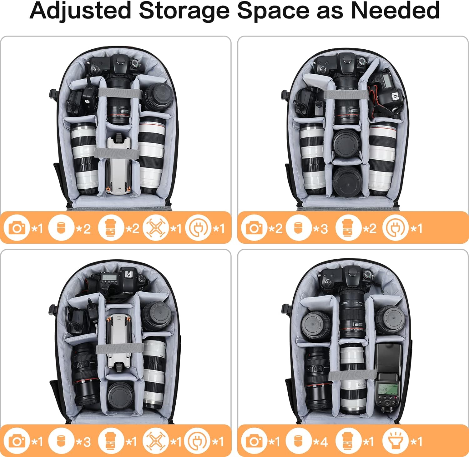 Demonstrates the camera bag's versatility in accommodating different equipment setups, showing how it can be adjusted to fit various combinations of cameras,…