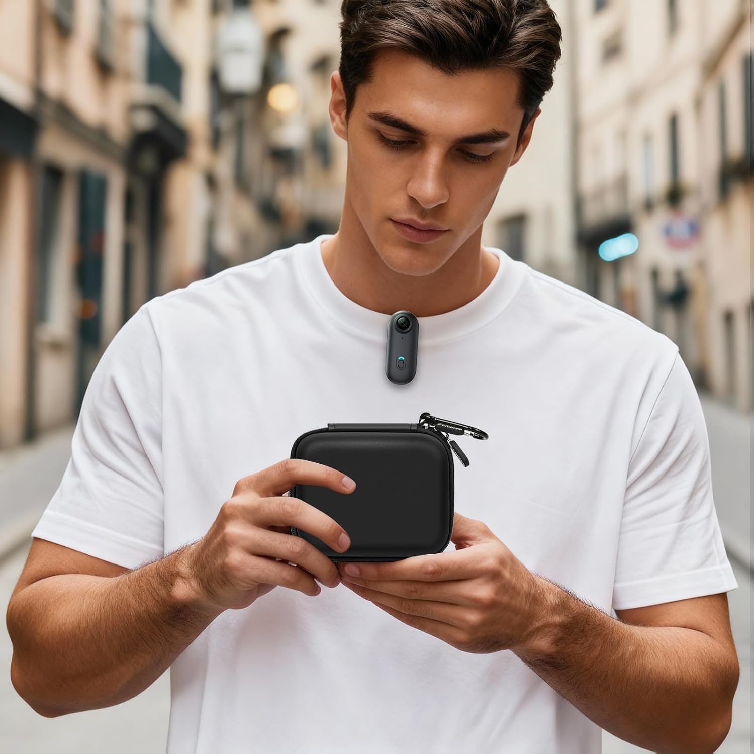 Demonstrates the product's portability and ease of use in everyday urban environments. Shows how the product can be used hands-free while out and about, highlighting its convenience for mobile…