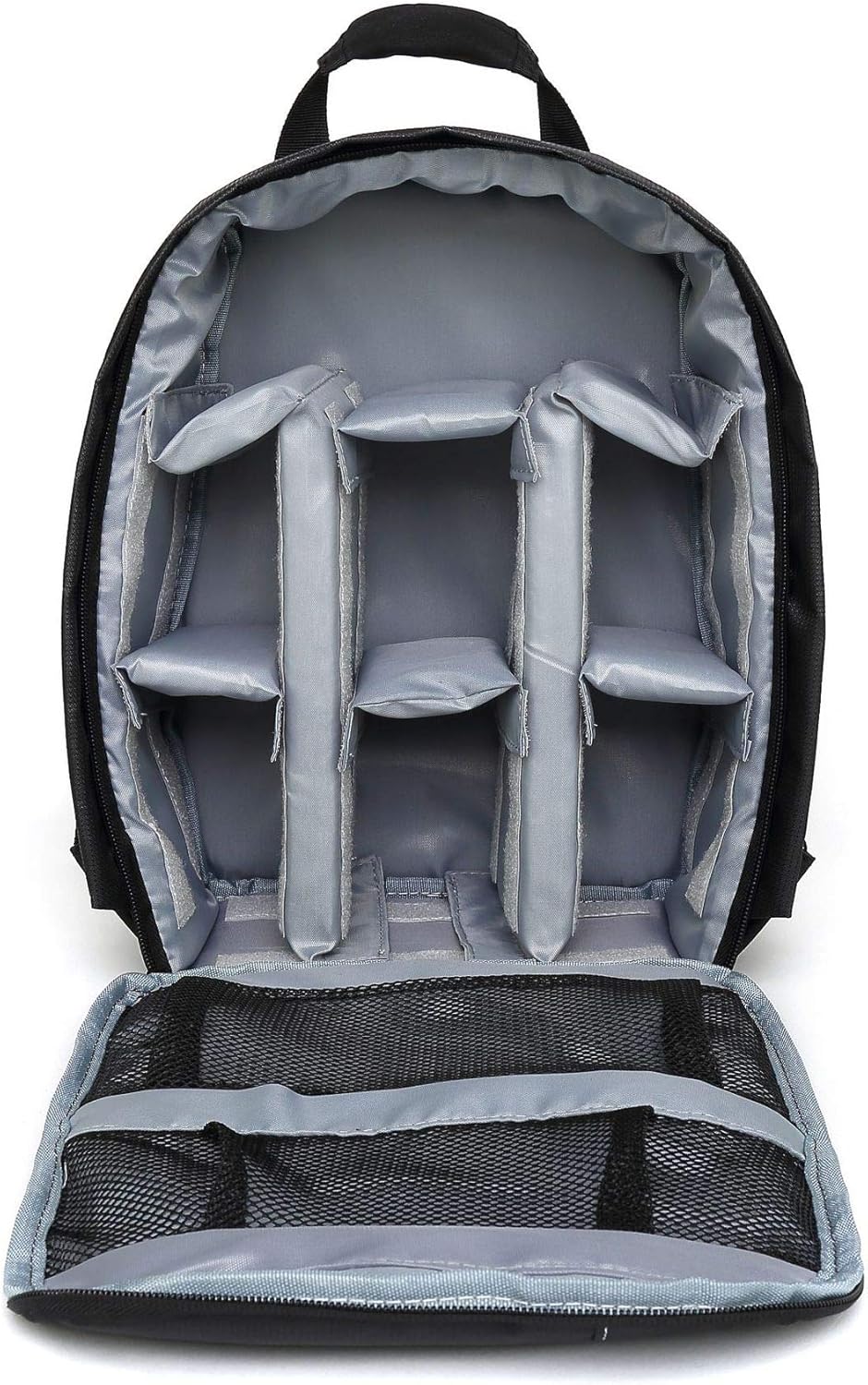 Shows the interior organization and storage capacity of the backpack, highlighting its multiple padded compartments for safely storing camera equipment or other gear.