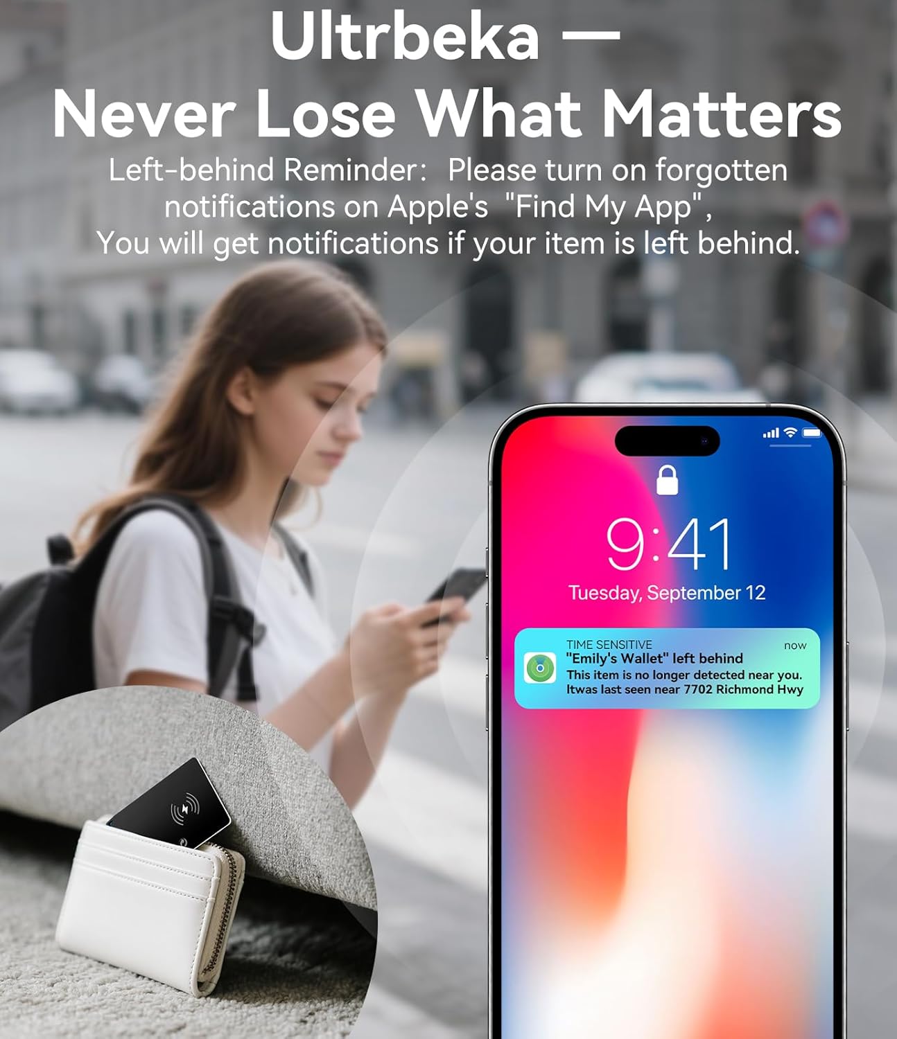 Demonstrates how the product integrates with Apple's Find My app to prevent losing valuable items. Highlights the product's ability to send notifications when…