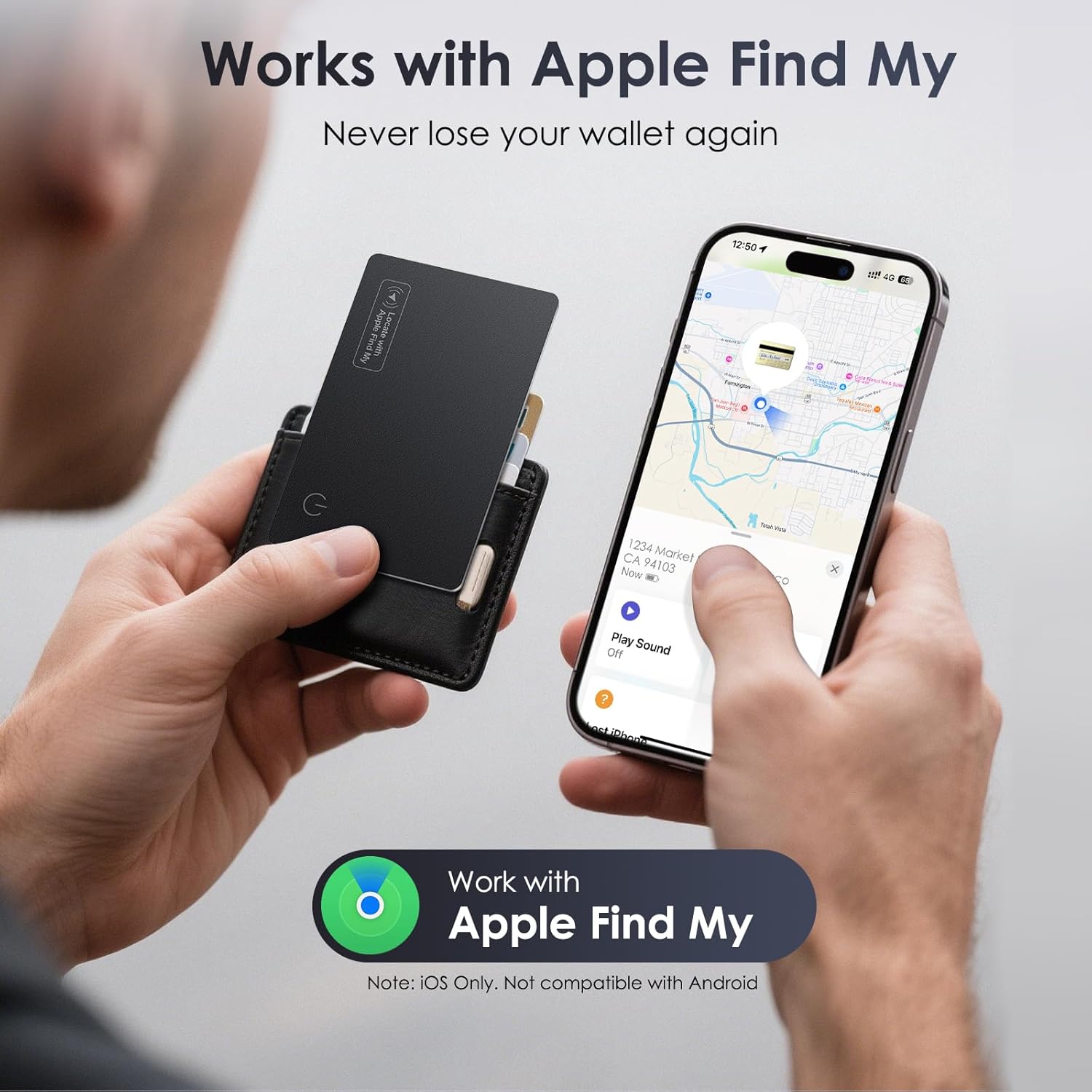 Demonstrates the product's compatibility with Apple's Find My feature, reassuring users they can easily locate their wallet if lost. Highlights the key…