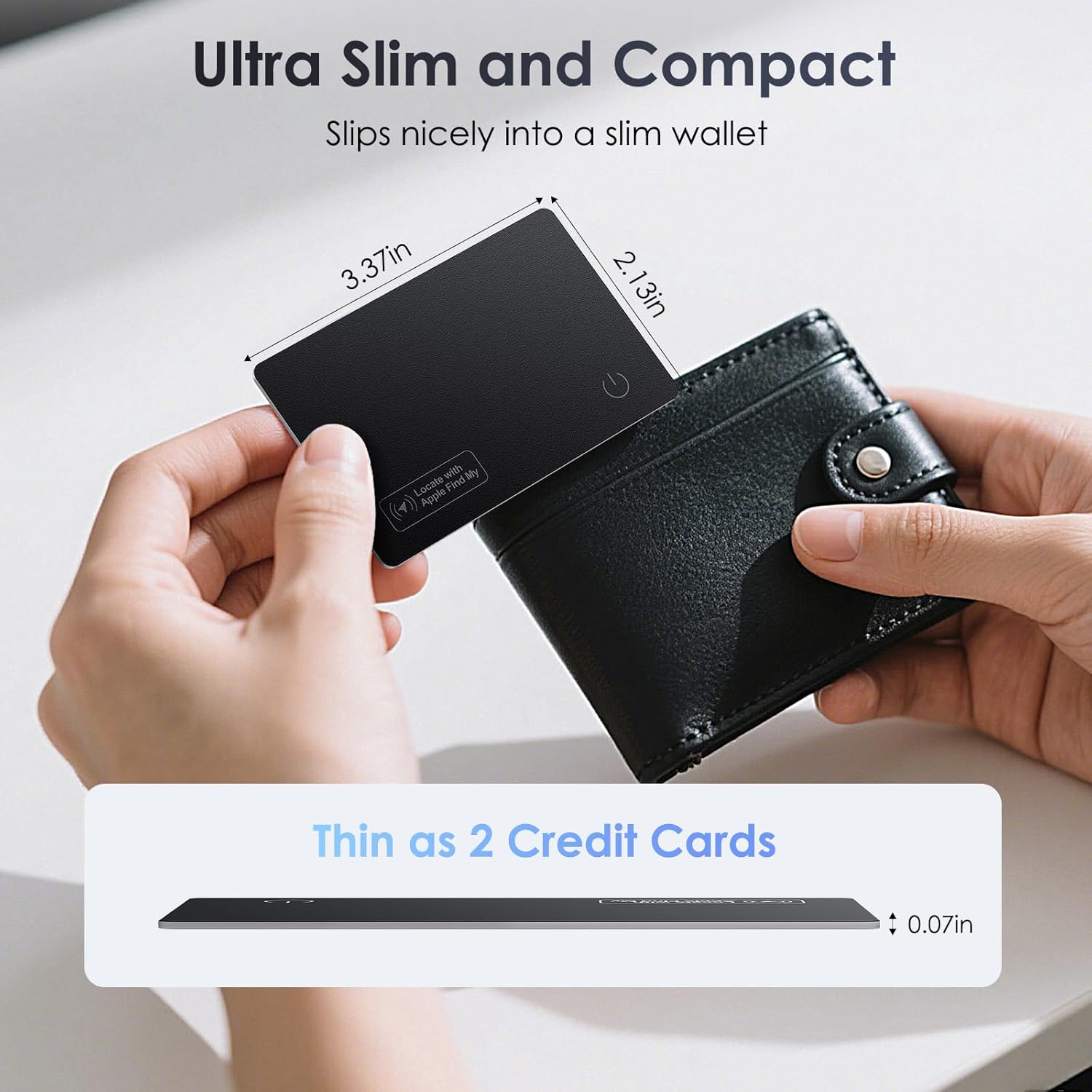 Demonstrates the product's compact size by showing its dimensions and how it fits easily into a wallet. Highlights the product's ultra-slim and compact…