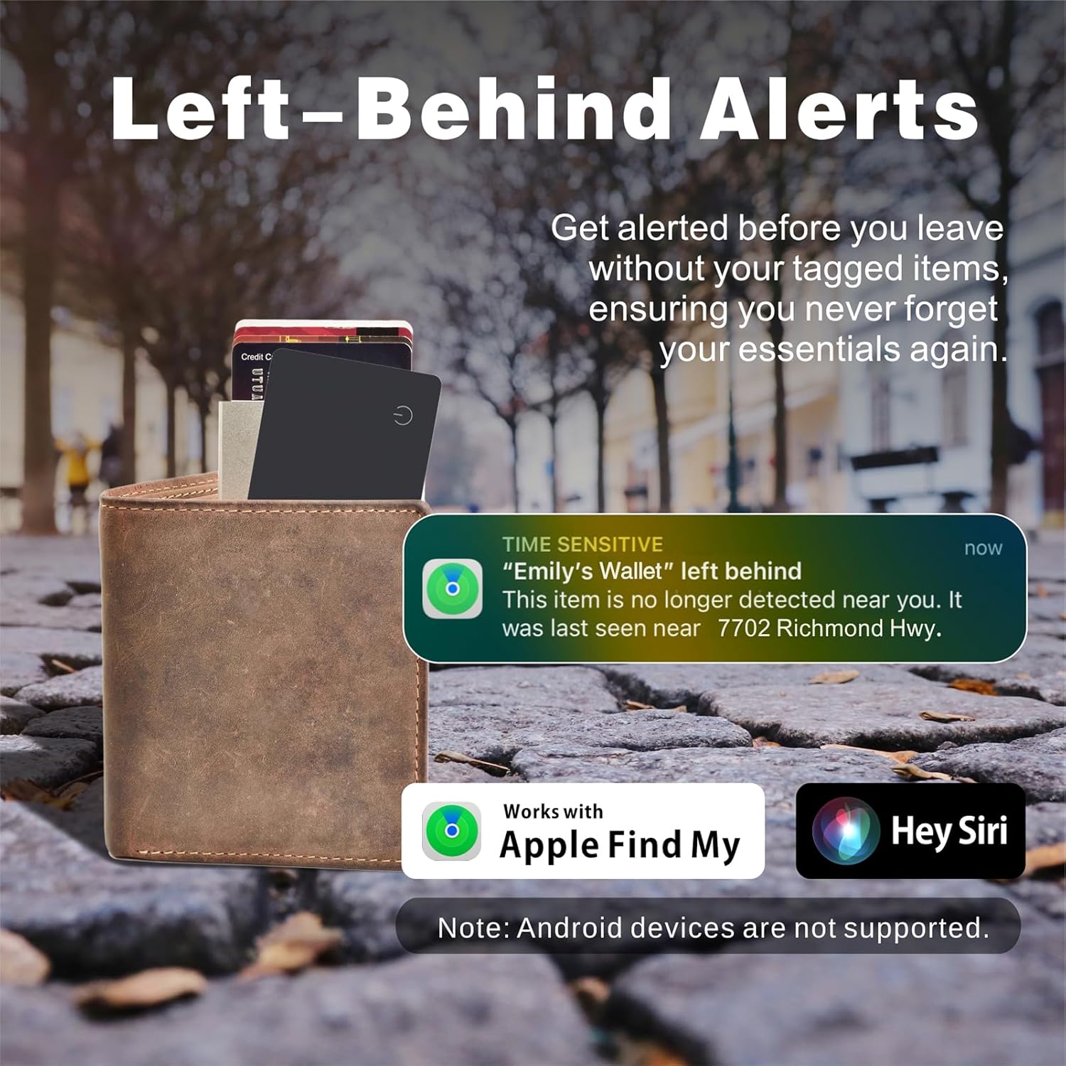 Highlights the product's ability to alert users when they leave tagged items behind, preventing loss of essential belongings. Shows that the product works…