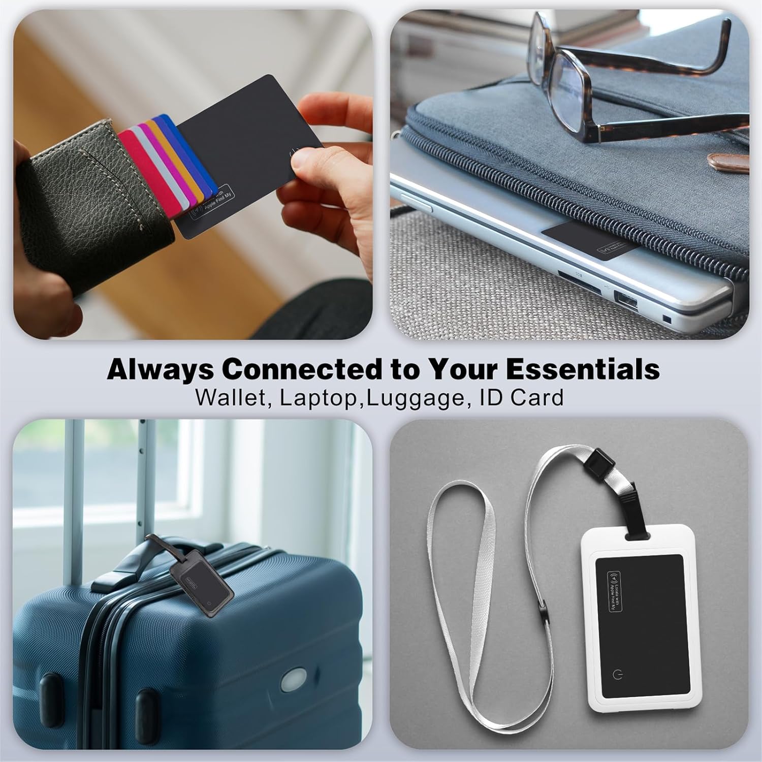 Demonstrates the versatility of the product by showing its use with various essential items like wallets, laptops, luggage, and ID cards.