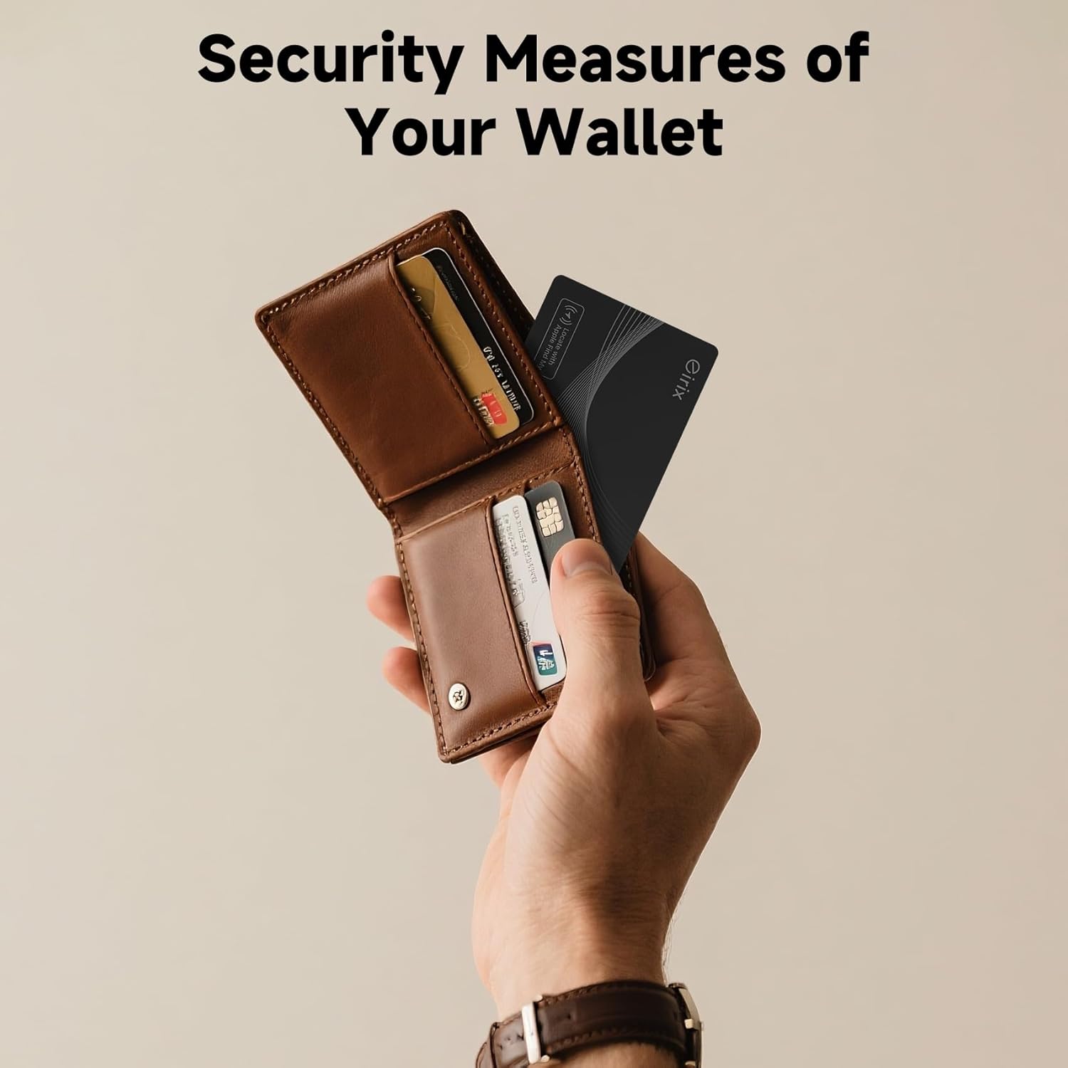 Highlights the wallet's security features to protect against electronic theft of credit card information.