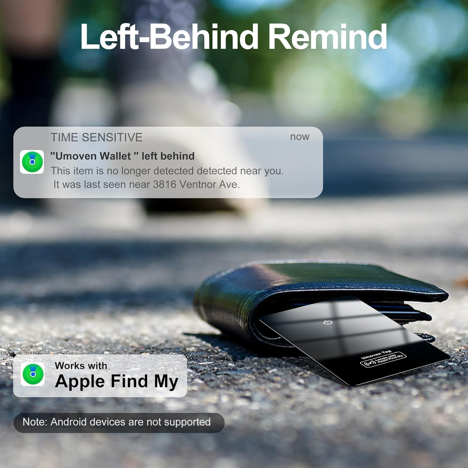 Demonstrates the product's ability to alert users when they've left their wallet behind, enhancing security and peace of mind. Informs customers that the…