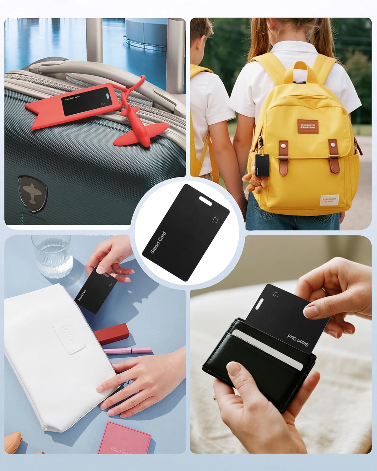 Demonstrates the versatility of the smart card product across different scenarios, showing it can be used for luggage tracking, school backpacks, and everyday…
