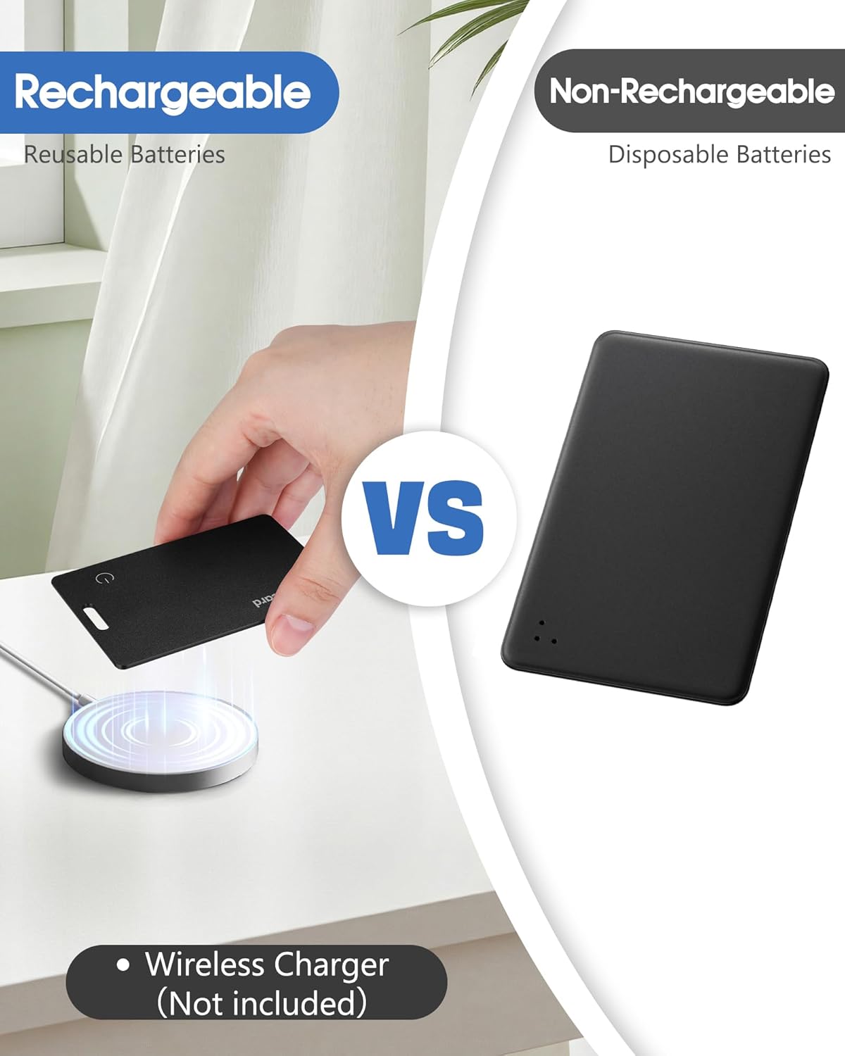 Highlights the advantage of rechargeable batteries over disposable ones, emphasizing reusability and wireless charging capability.
