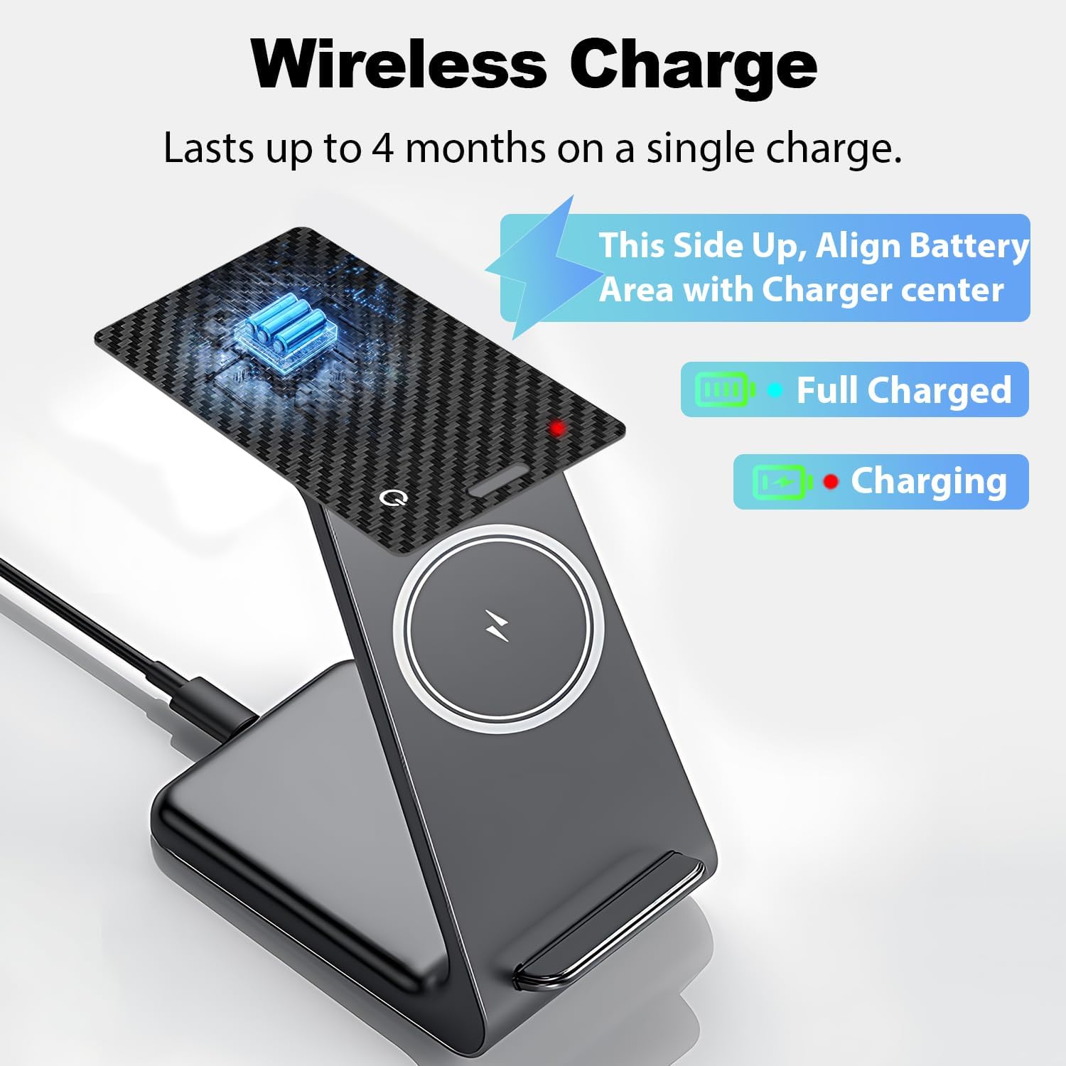 Demonstrates how to properly align and use the wireless charging feature, highlighting the long-lasting battery life. Emphasizes the product's long-lasting battery life of up to 4 months on a single…