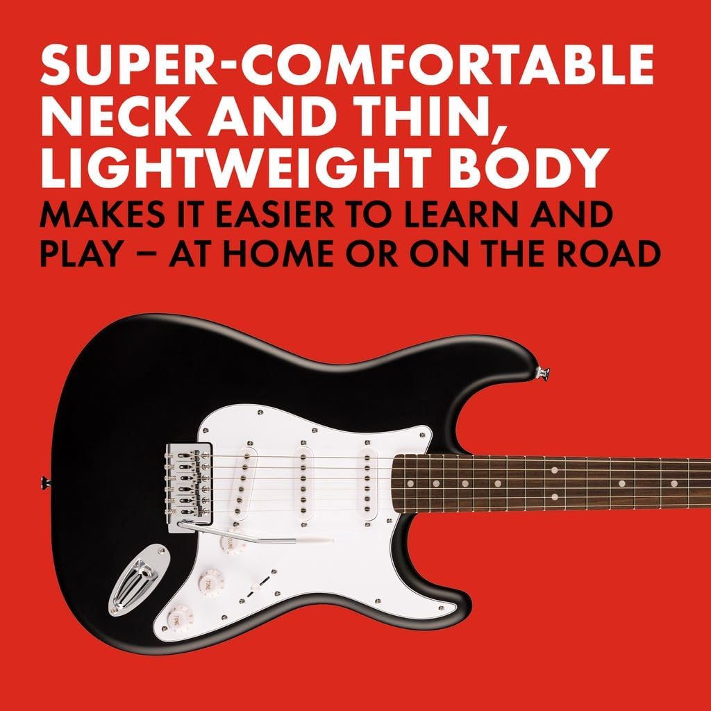 Highlights the guitar's comfortable neck and lightweight body to emphasize ease of use for learning and playing in various settings.