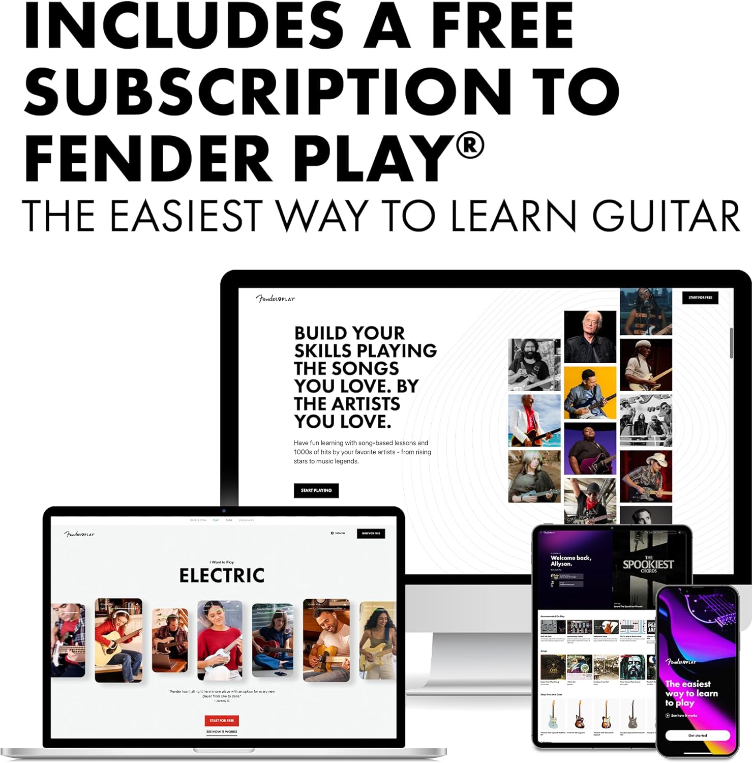 Highlights the added value of a free subscription to Fender Play, an online guitar learning platform, included with the product purchase.