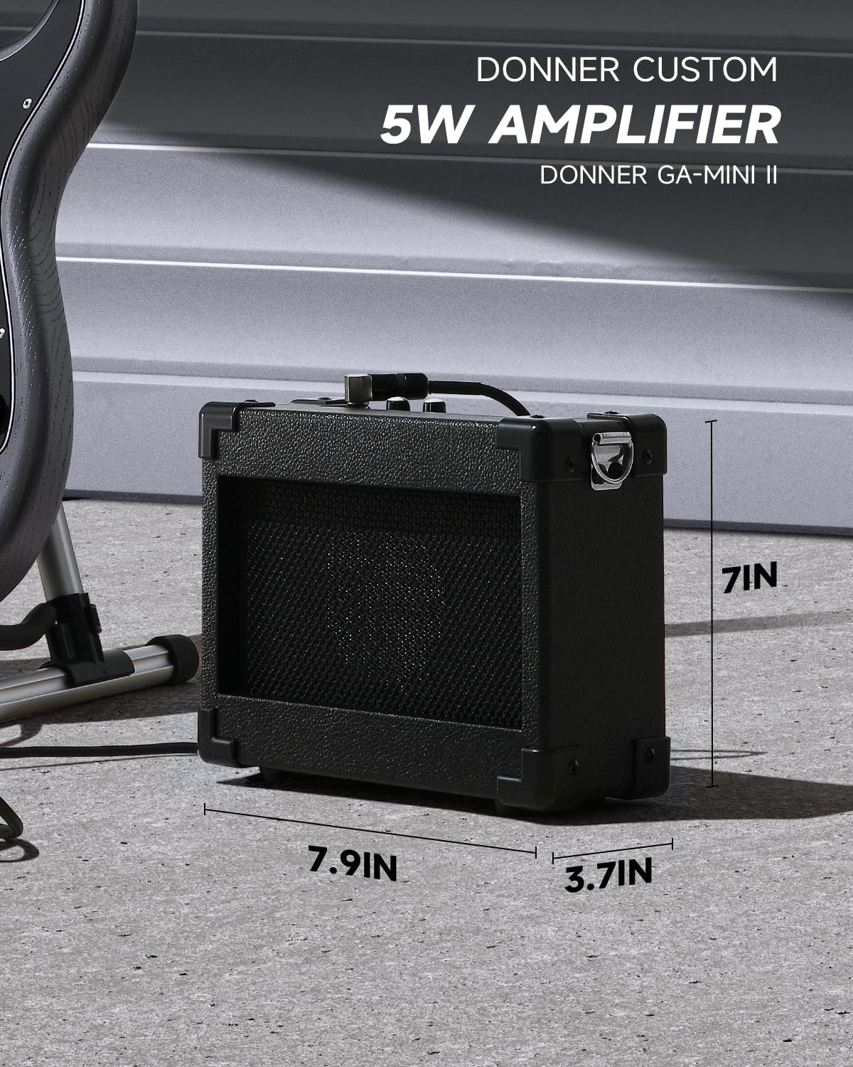 Demonstrates the small, portable size of the amplifier to show its convenience for travel or small spaces. Highlights the amplifier's power output to inform potential buyers of its performance…