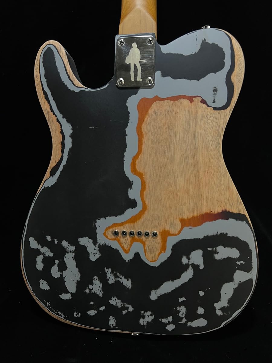 Showcases the guitar's distinctive worn finish and custom neck plate, emphasizing its one-of-a-kind aesthetic appeal.