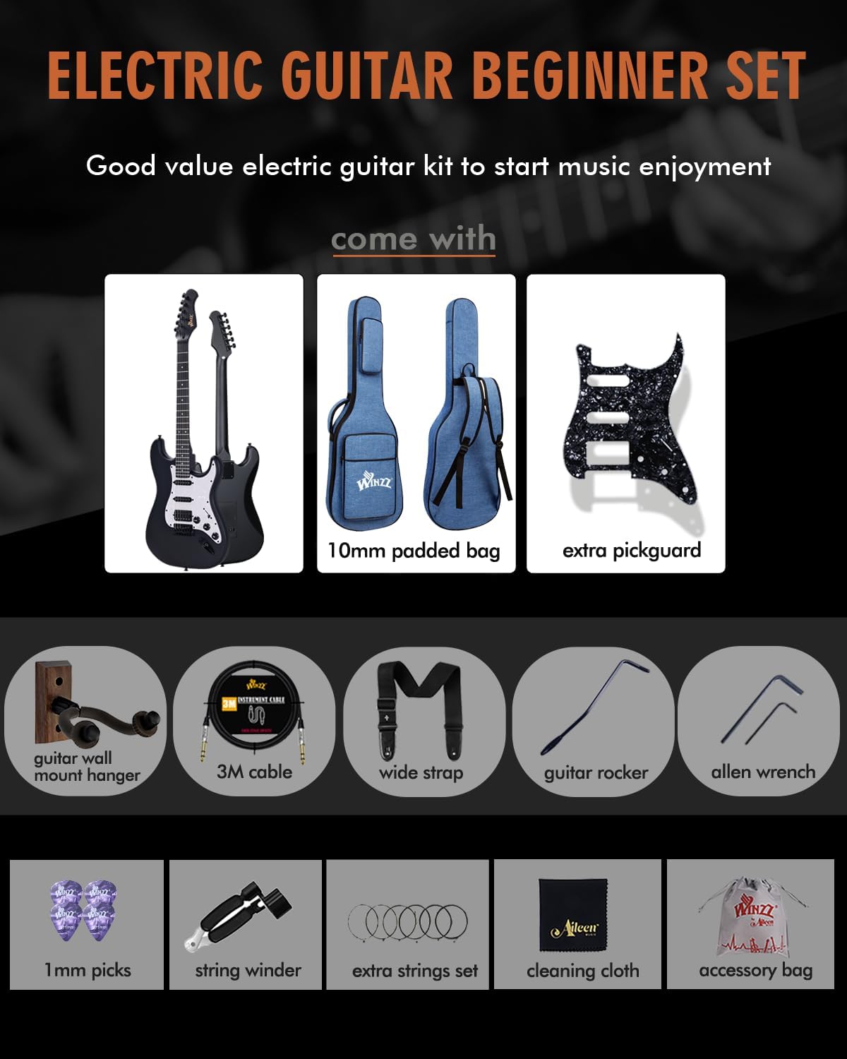 Shows all the items included in the electric guitar beginner set, highlighting the value and completeness of the package for new guitarists.