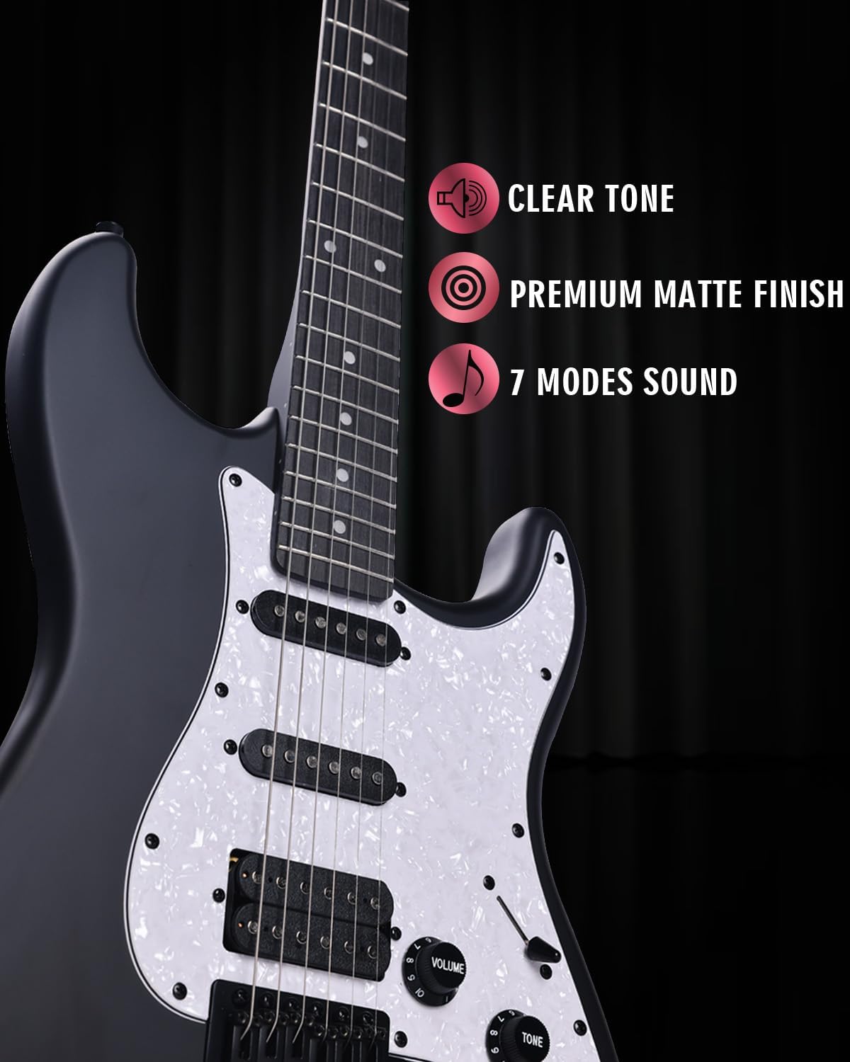 Highlights multiple key features of the guitar to showcase its quality and versatility.