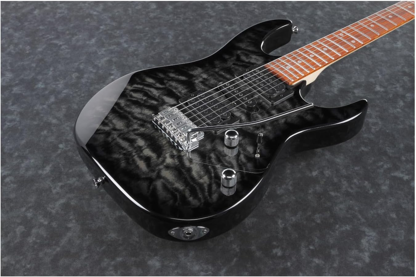 Showcases the electric guitar's sleek design and premium materials to appeal to musicians and guitar enthusiasts.