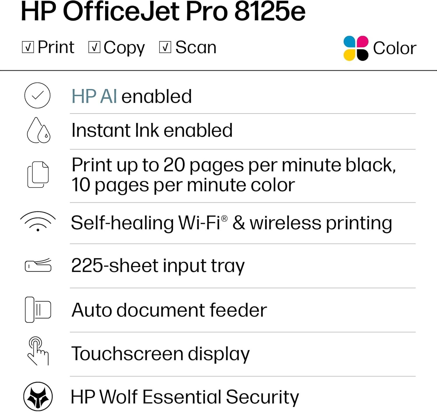 Highlights multiple key features and capabilities of the HP OfficeJet Pro 8125e printer to showcase its versatility and advanced functionality.