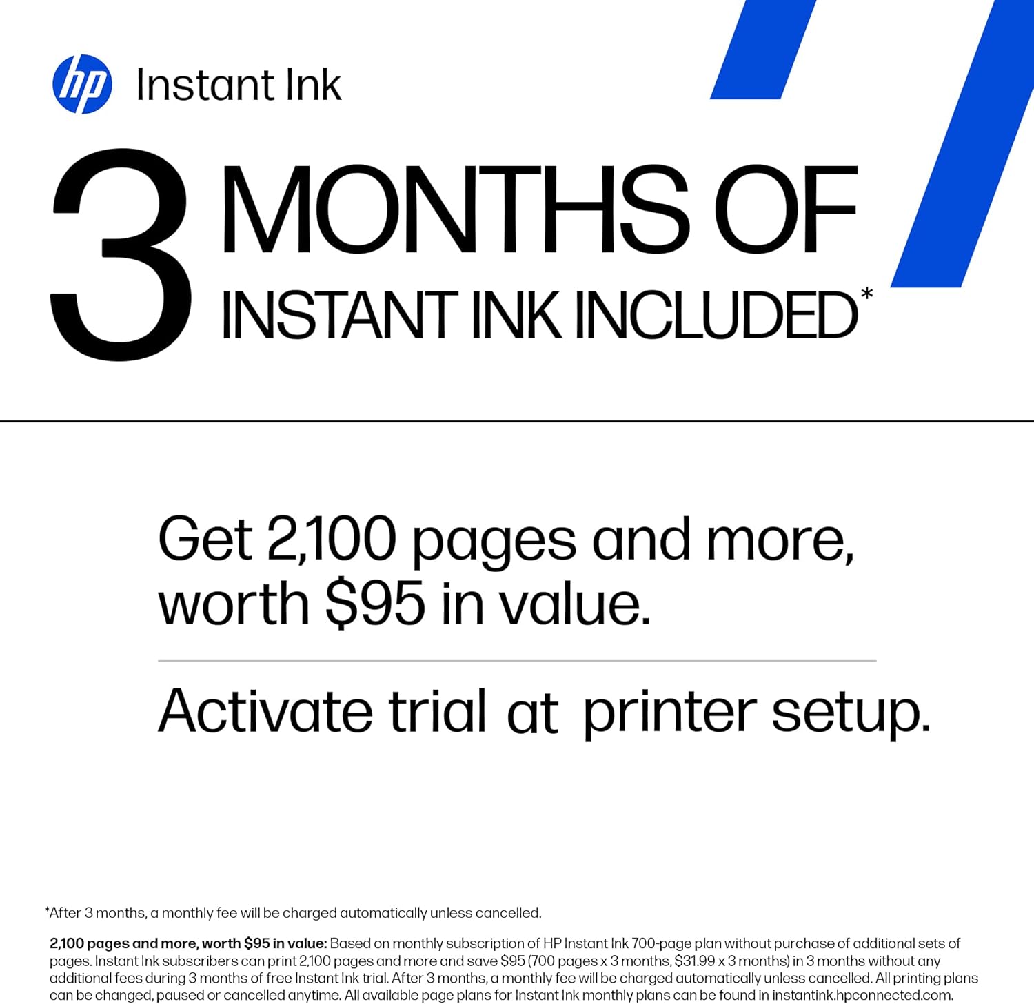 Communicates the value proposition of HP's Instant Ink subscription service, highlighting the number of pages and monetary value included.