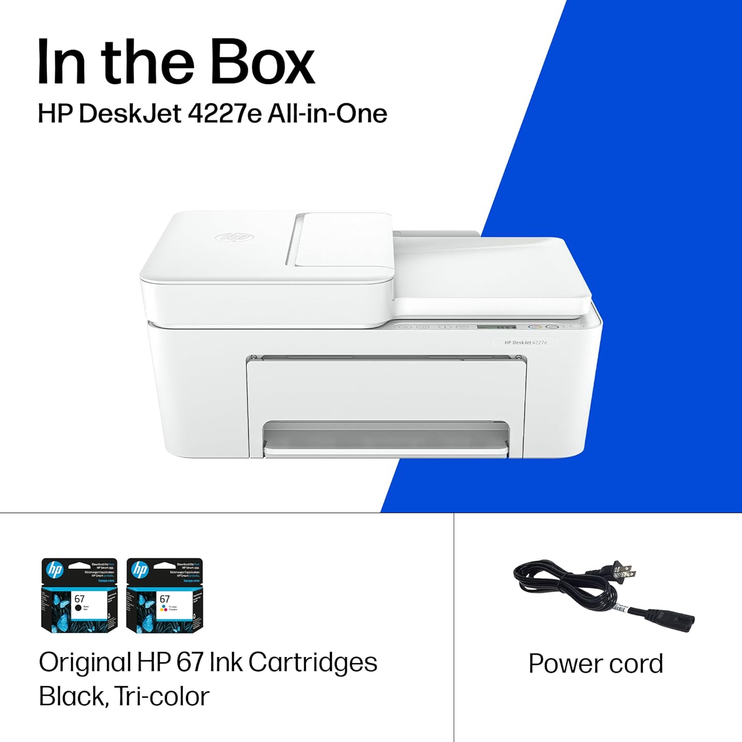 Shows the complete package contents to inform customers of everything included with their purchase of the HP DeskJet 4227e All-in-One printer.