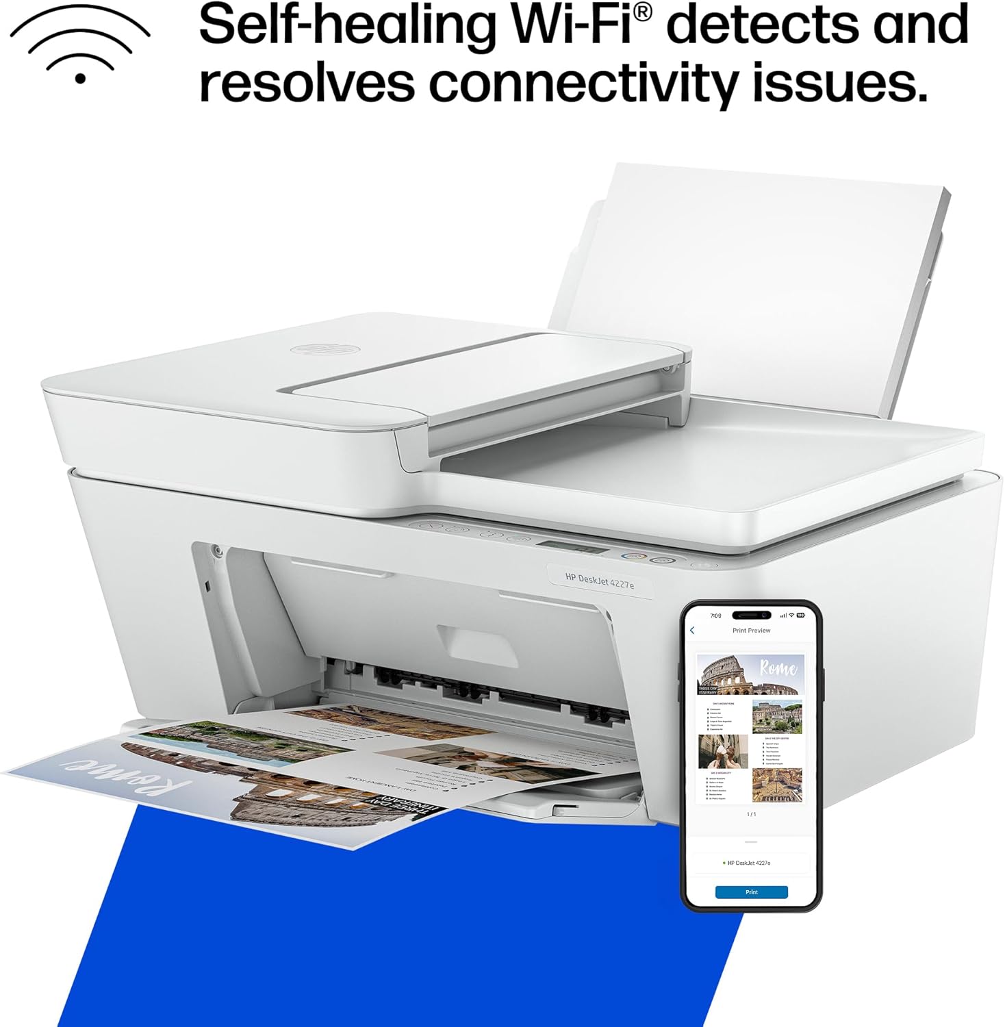 Highlights the printer's ability to automatically detect and resolve Wi-Fi connectivity issues, emphasizing hassle-free printing.