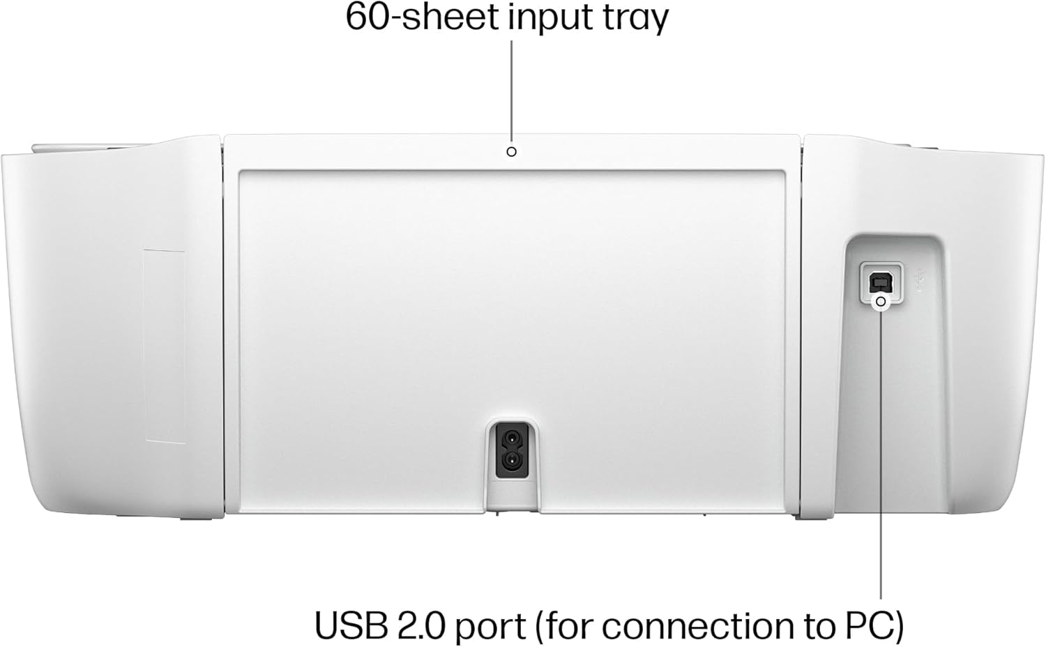 Highlights key features of the printer, specifically the 60-sheet input tray capacity and USB 2.0 port for PC connection.