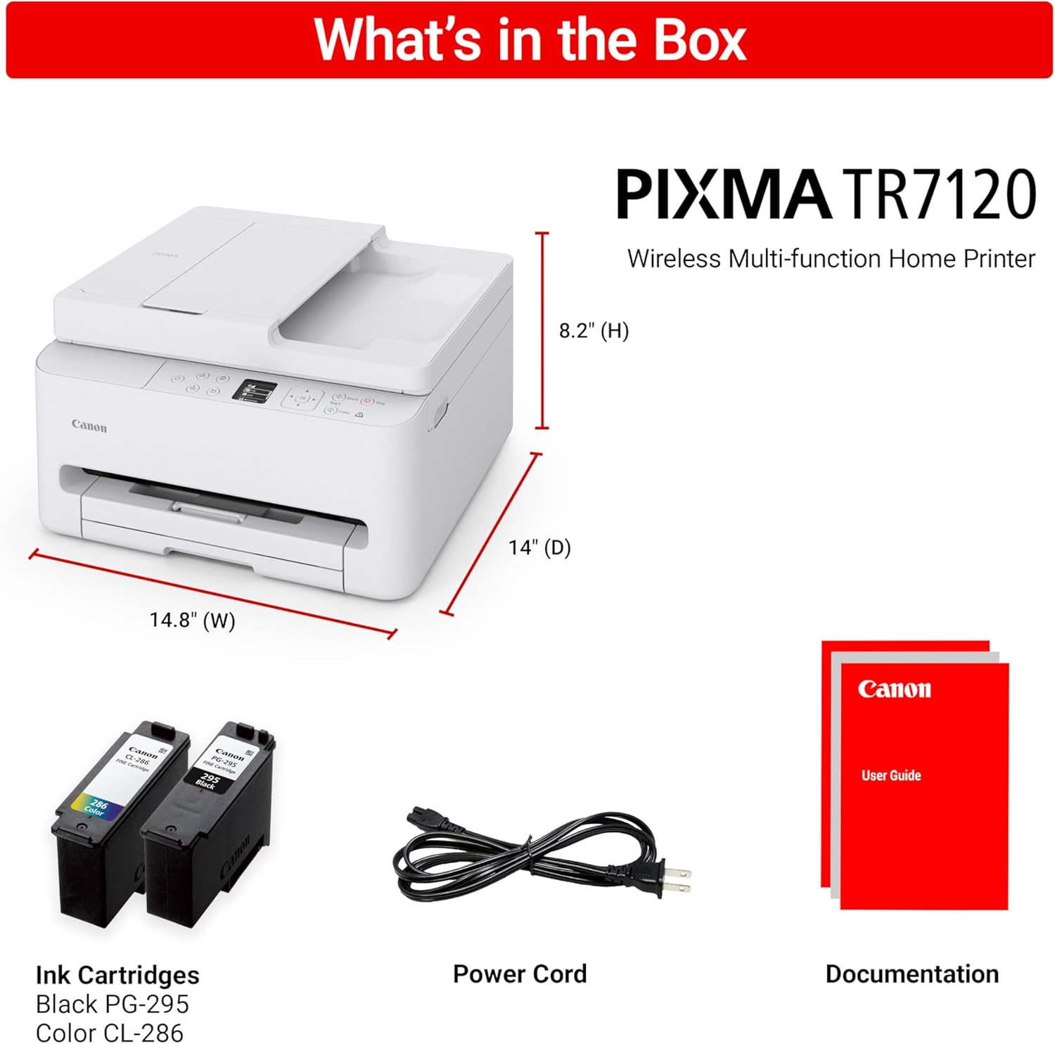 Shows all items included with the Canon PIXMA TR7120 printer purchase to inform customers of the complete package contents. Provides the exact dimensions of…
