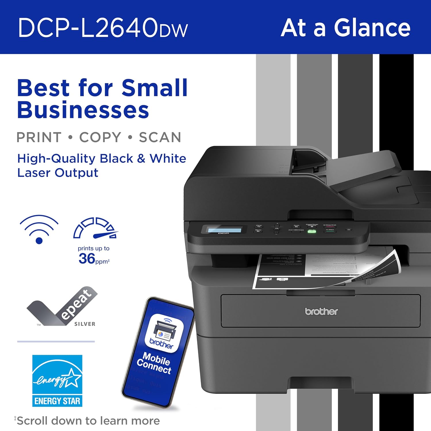 Highlights multiple key features of the printer to demonstrate its suitability for small businesses, including high-quality output, wireless capabilities, and mobile connectivity.