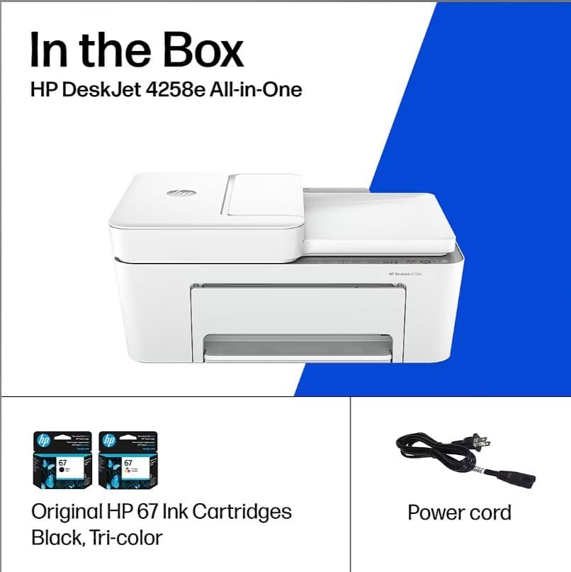 Shows the complete package contents to inform customers of everything included with their purchase of the HP DeskJet 4258e All-in-One printer.
