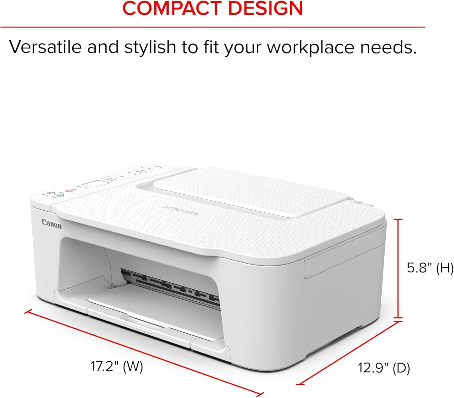 Emphasizes the printer's small size to show it fits easily in workspaces.