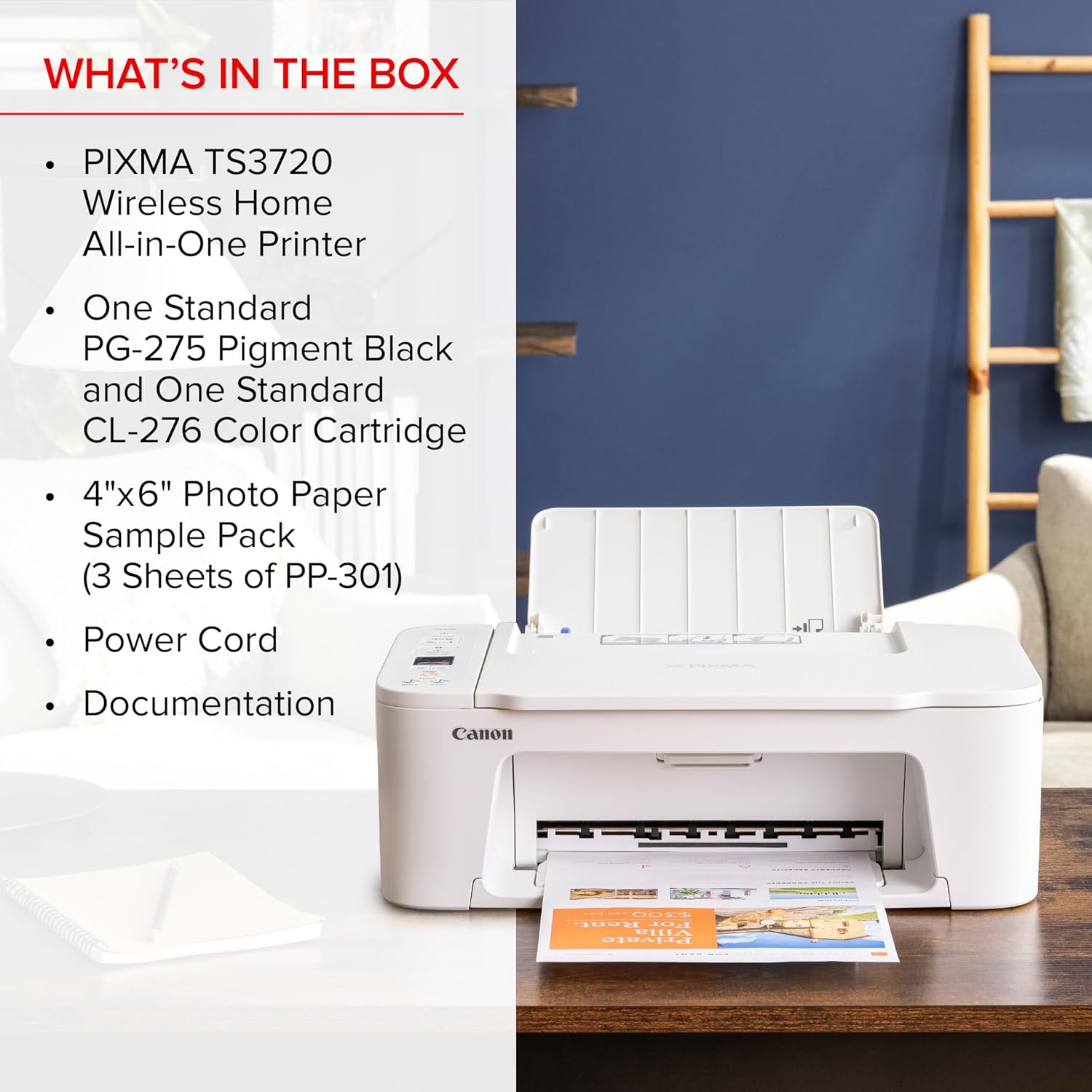 Shows customers exactly what items are included with their purchase of the Canon PIXMA TS3720 printer.
